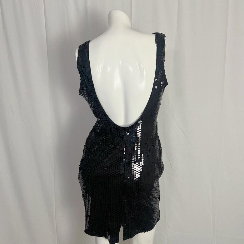 90s Vintage Glenrob Black Sequined Bodycon Dress LBD Women's Size 11-12