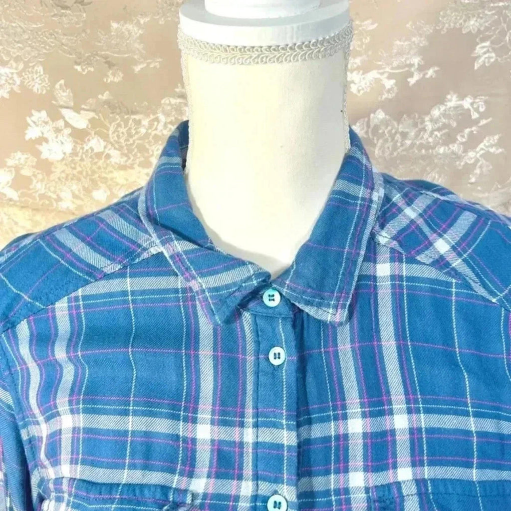 PAIGE Denim Mya Plaid Pocket Long Sleeve Shirt Nocturnal Blue Fog Size M