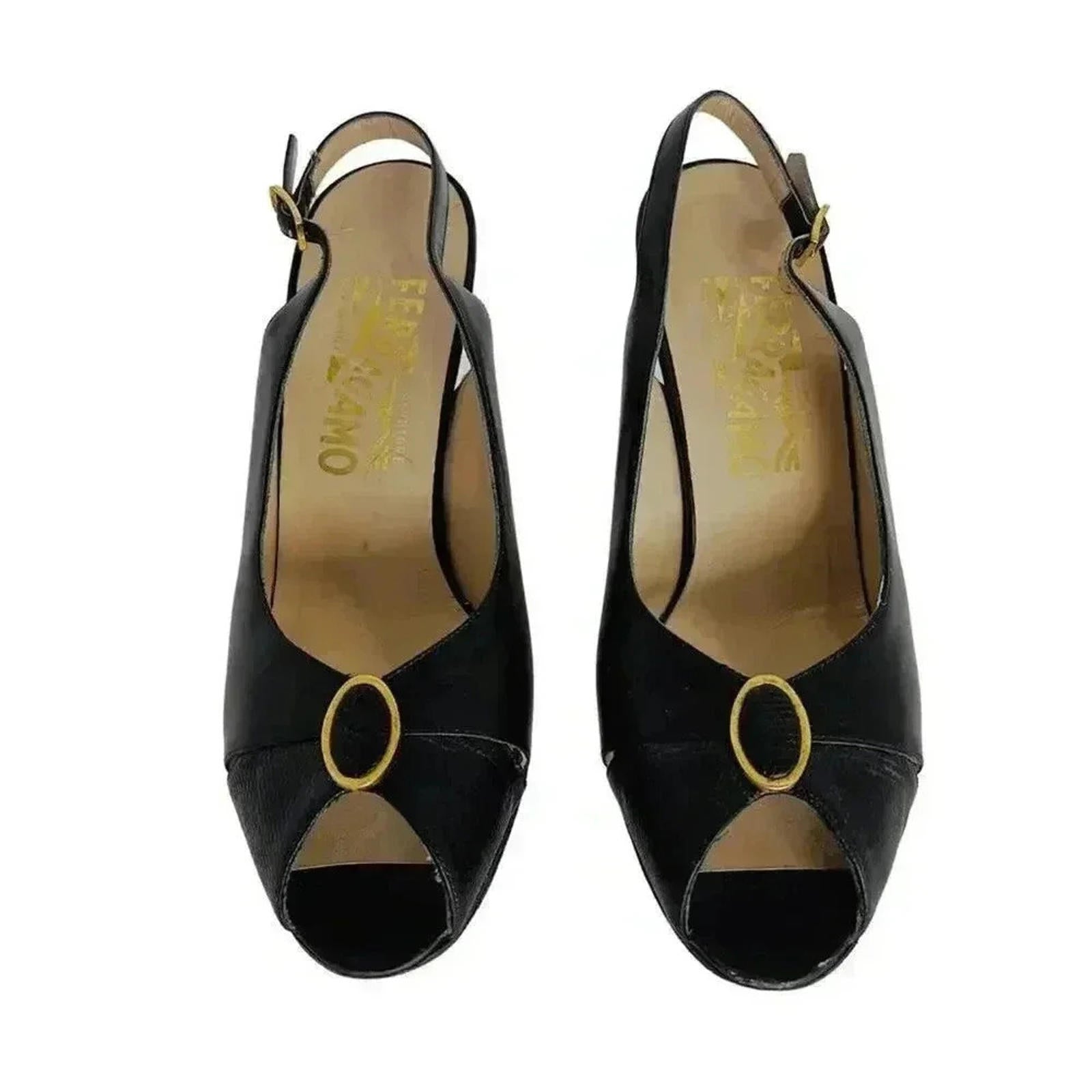 Ferragamo Vintage Leather Slingback Peep Toe Heels Gold Emblem Women's Size 6.5