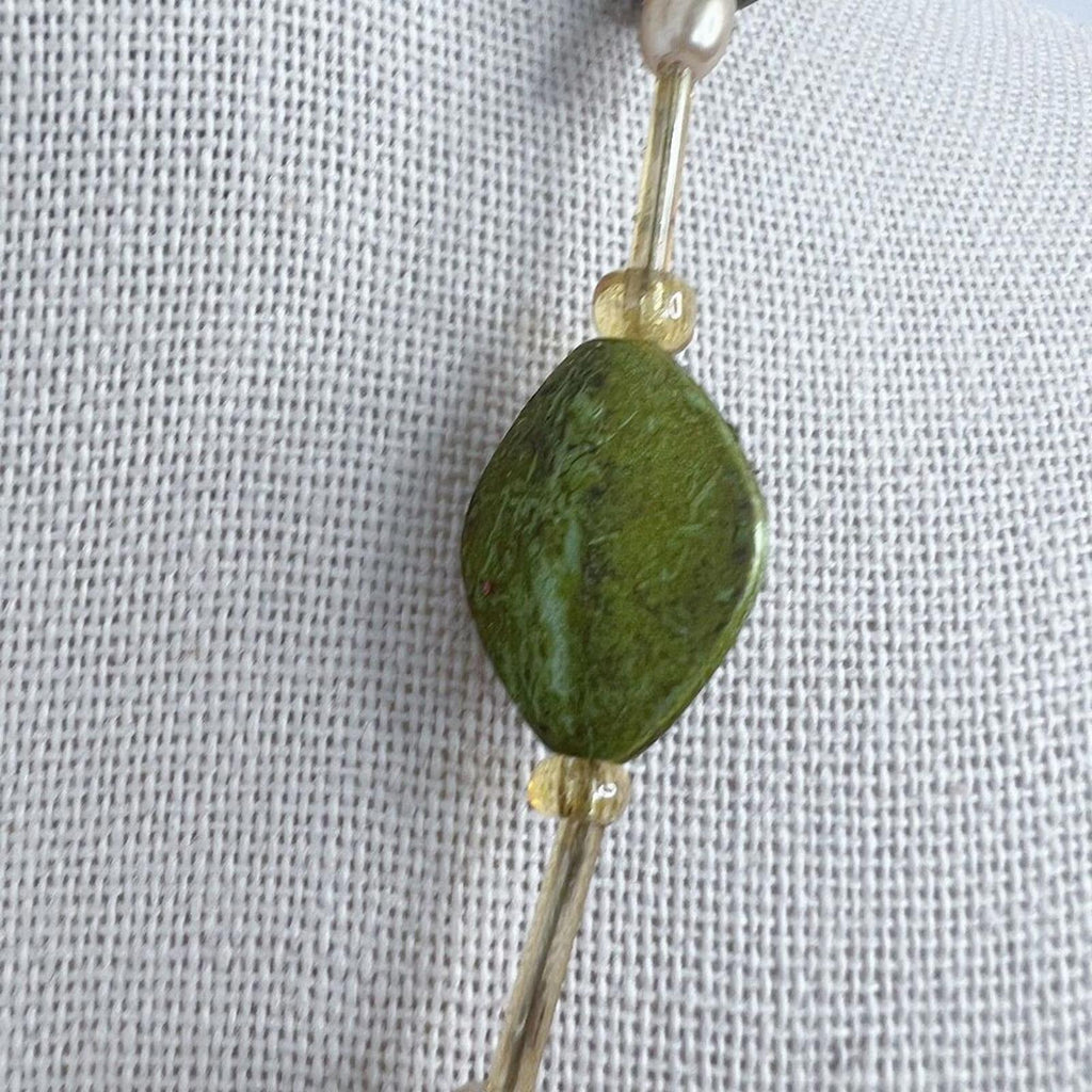 Green Beaded Silver Pendant Statement Necklace Boho