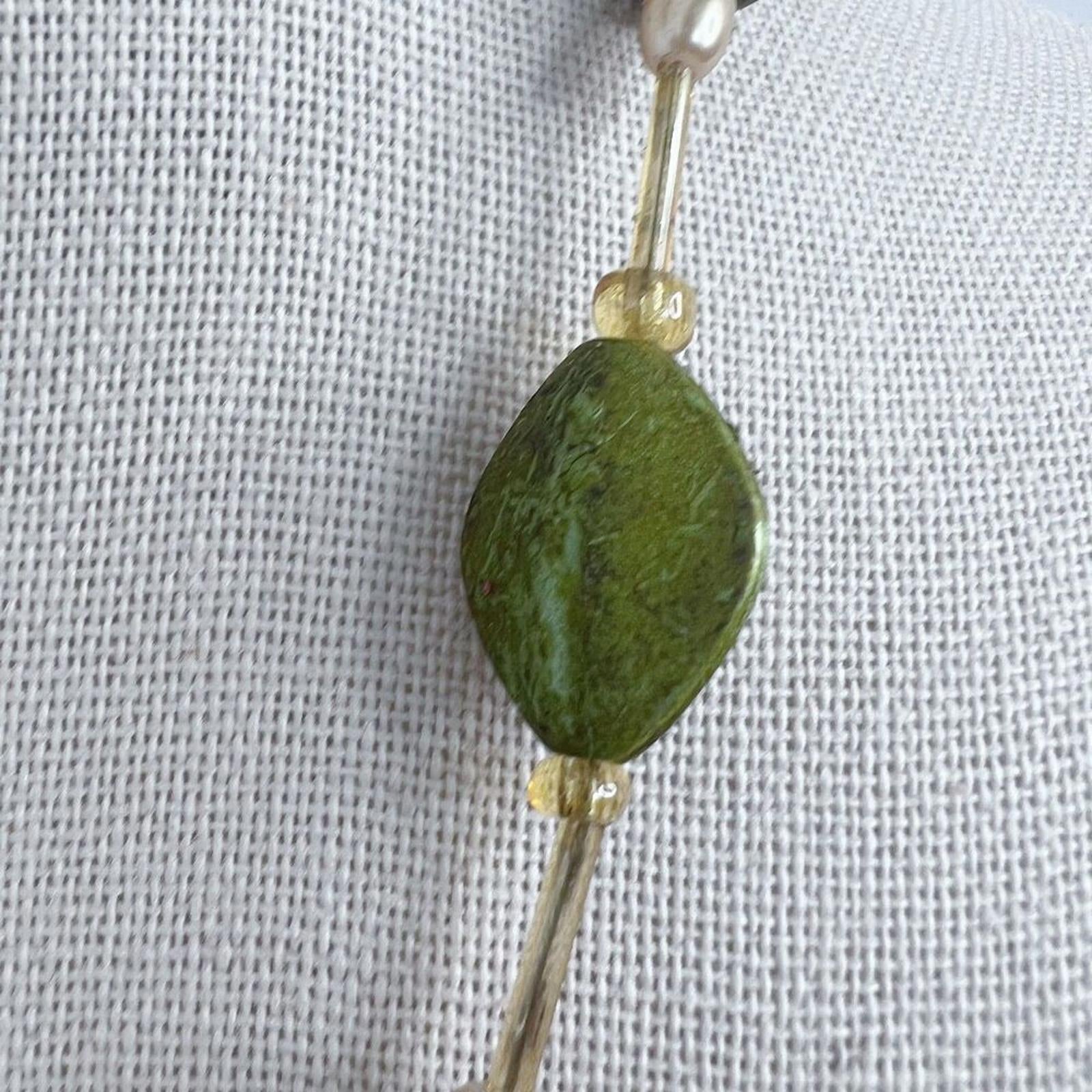 Green Beaded Silver Pendant Statement Necklace Boho