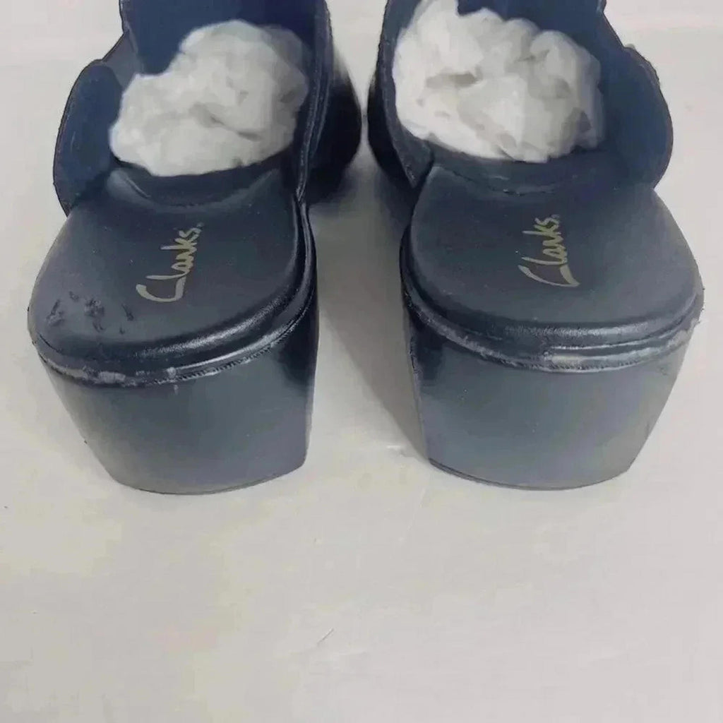 Clarks Black Leather Heeled Mules Clogs Silver Buckle Women's Size 9
