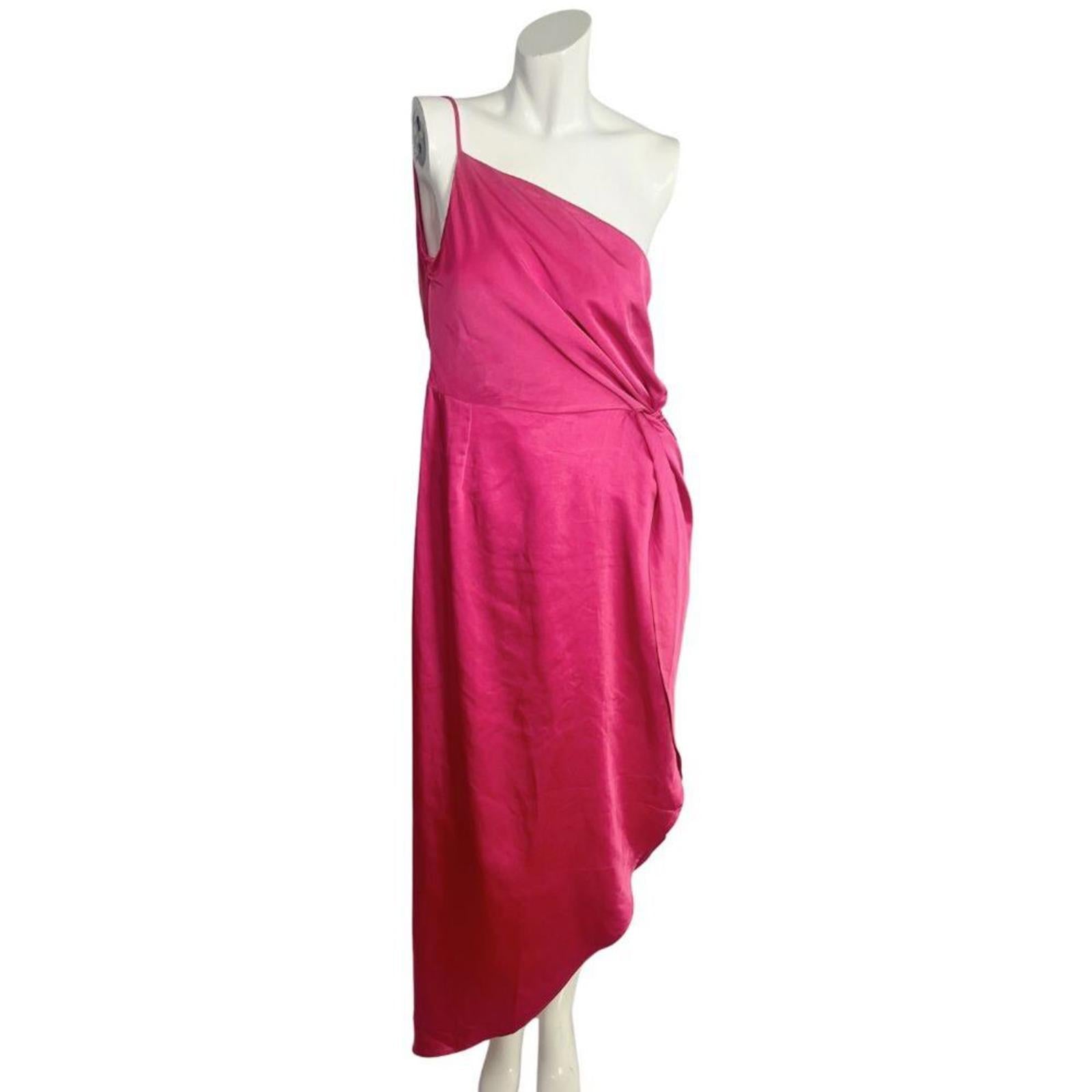 O.P.T. OnePrettyTime Formal One Shoulder Slit Barbie Pink Satin Gown Size M