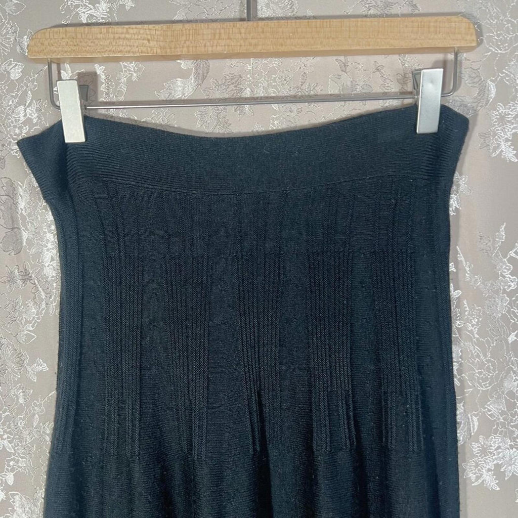Anthropologie Lapis Black Knit Midi Skirt White Floral Boho Bohemian Size S