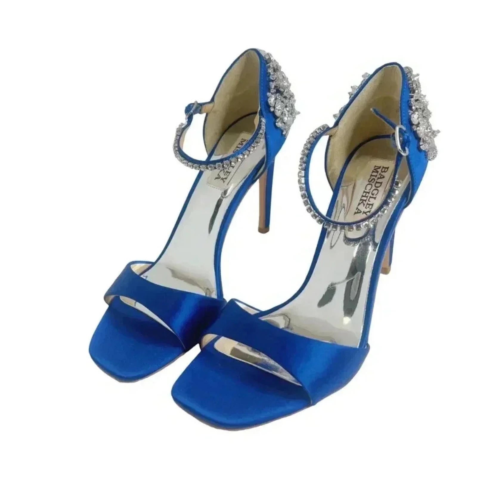 NWOT Badgley Mischka Blue Satin Crystal Encrusted Stilettos Square Toe Size 6.5
