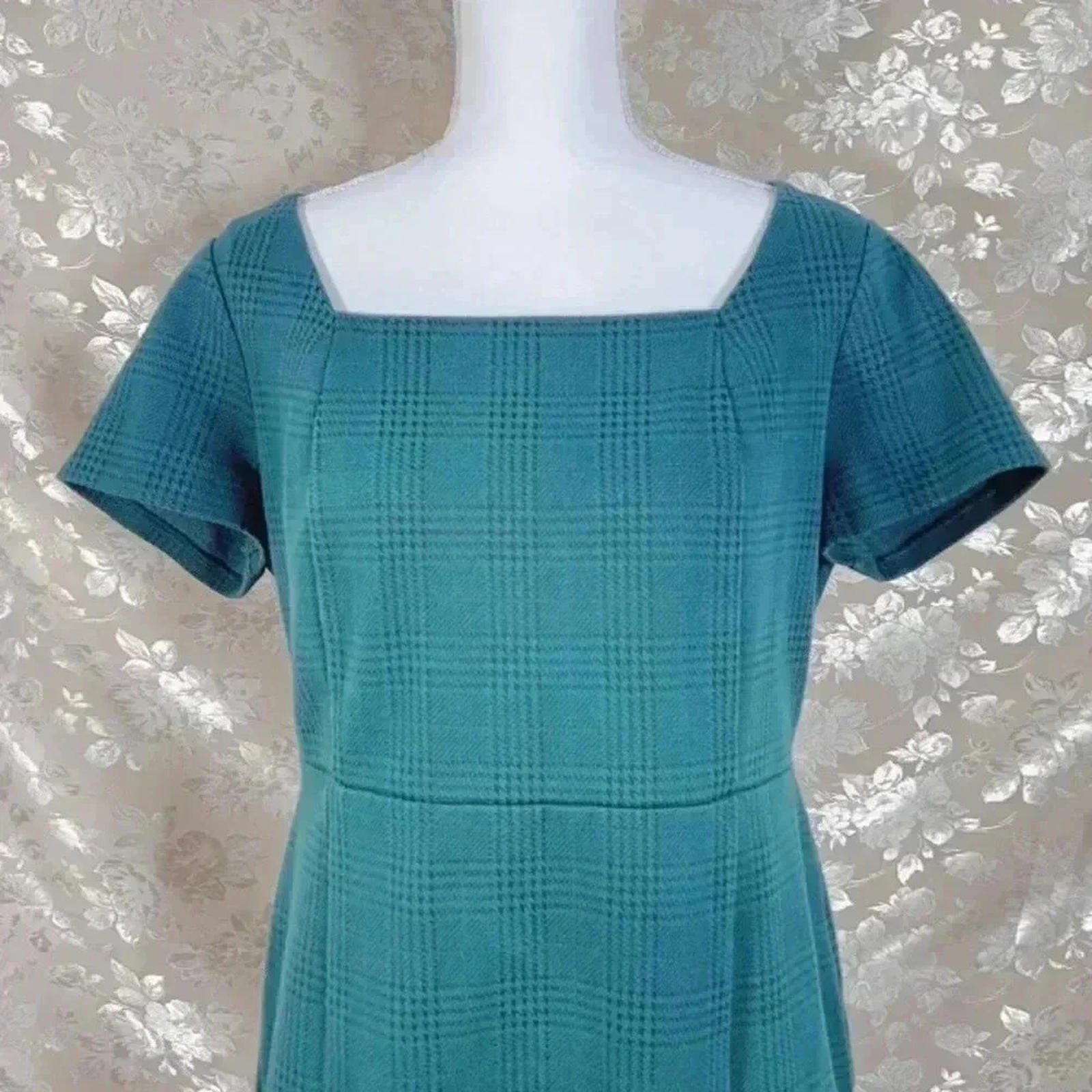 Ann Taylor Petite Green Houndstooth Sheath Dress Office Women's Size 12P