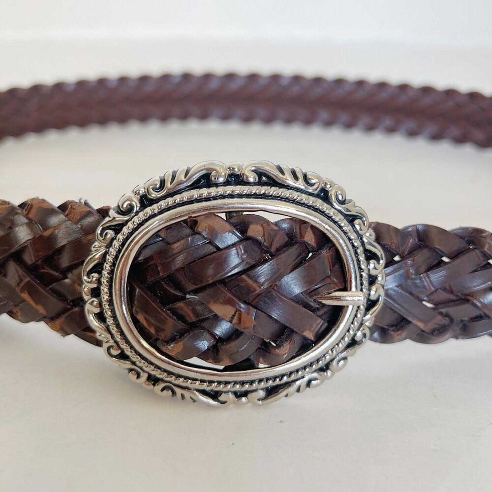 Vintage Brown Leather Braided Belt Silver Statement Buckle Size M