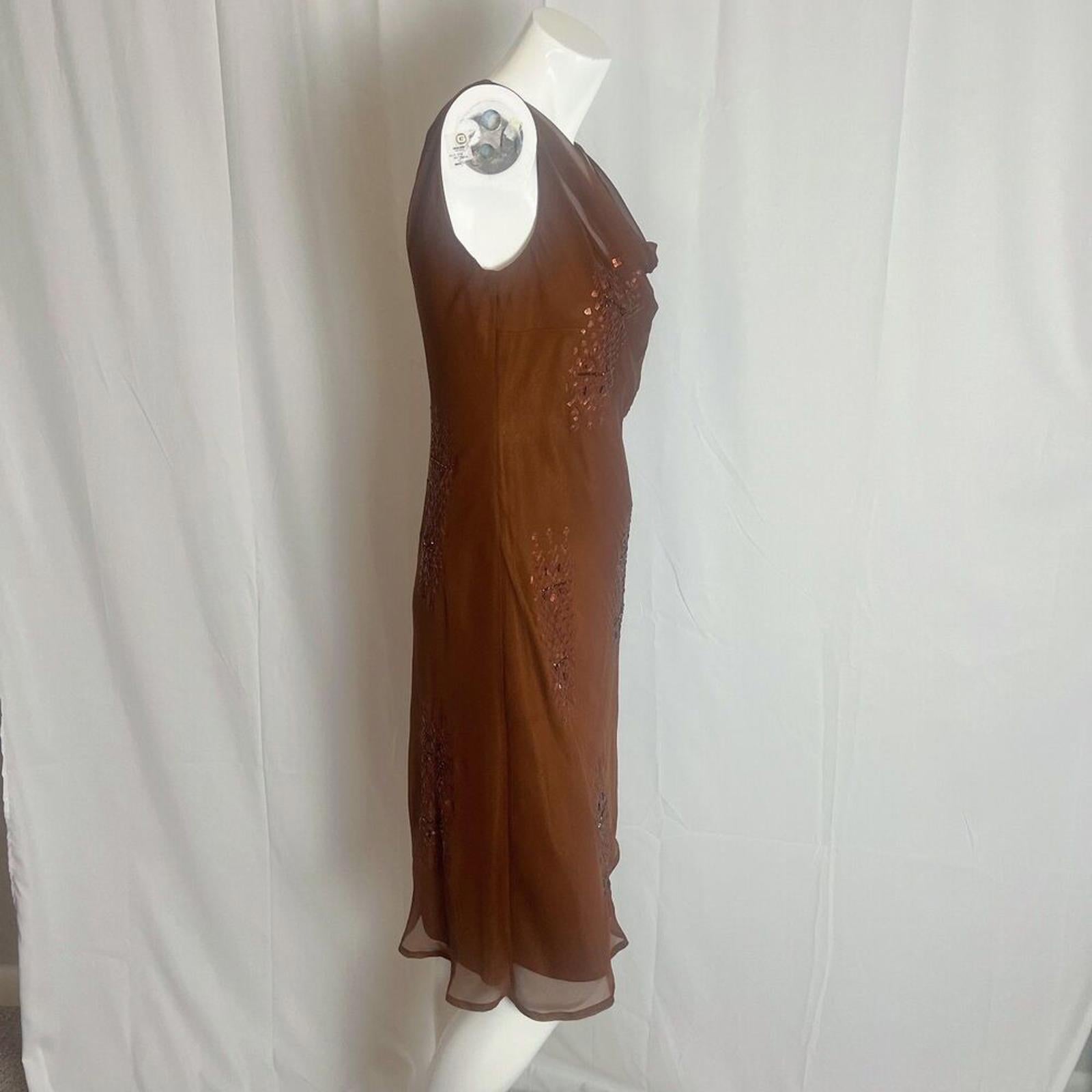 y2k Vintage Sue Wong Copper Brown Beaded Cowl Neck Midi Dress Size 10