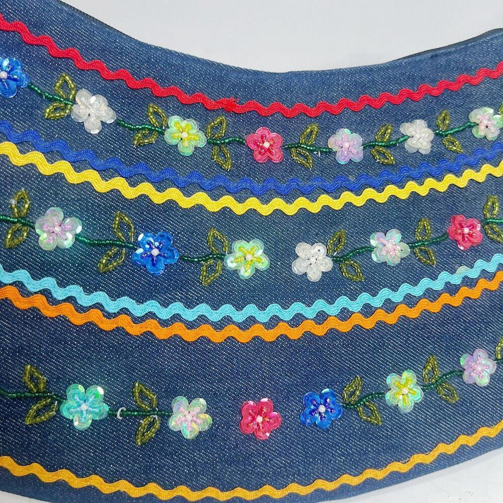 y2k Vintage Denim Floral Beaded Bead Embroidered Shoulder Bag Purse