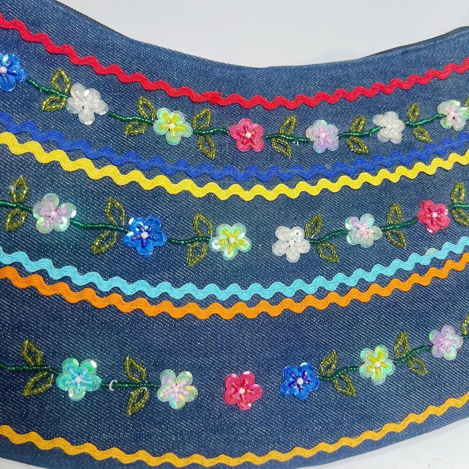 y2k Vintage Denim Floral Beaded Bead Embroidered Shoulder Bag Purse