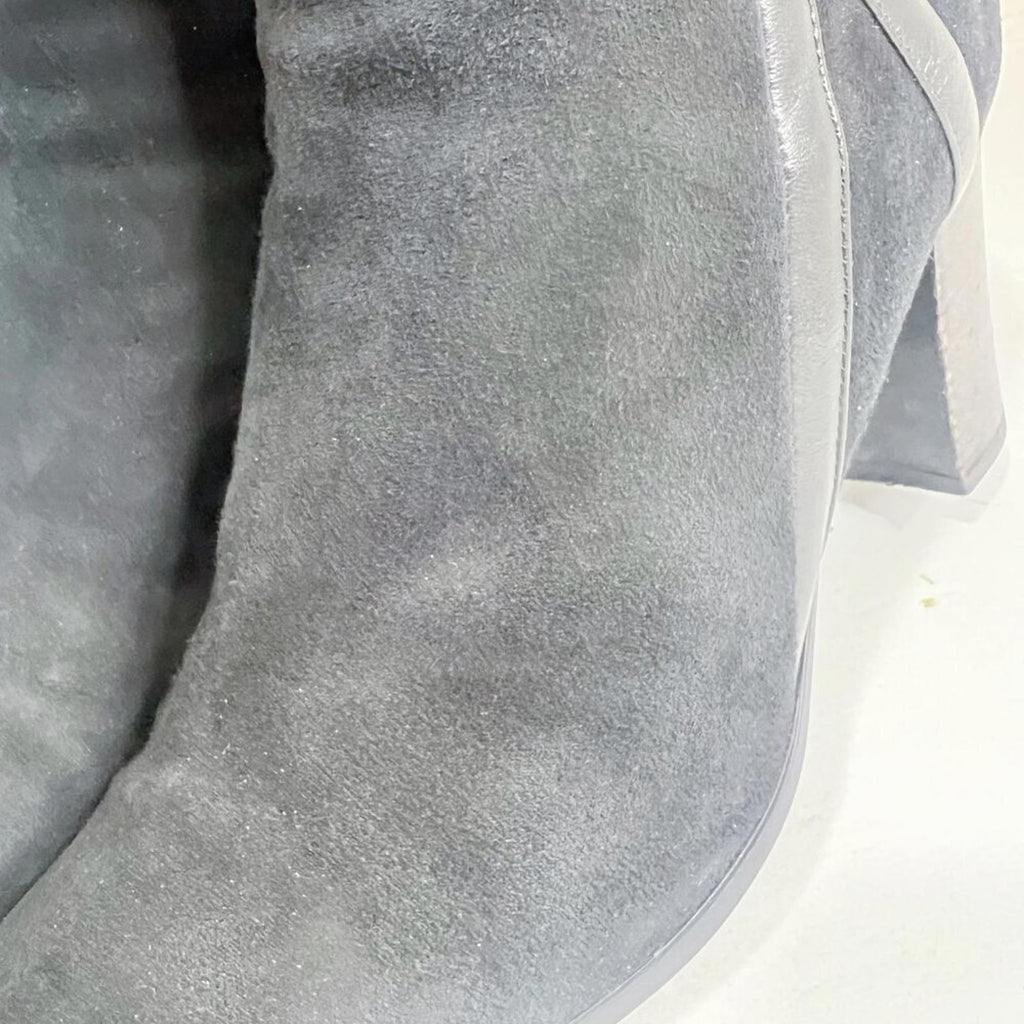 Aquatalia Italian Black Suede Heeled Booties Leather Piping Ankle Boots Size 9