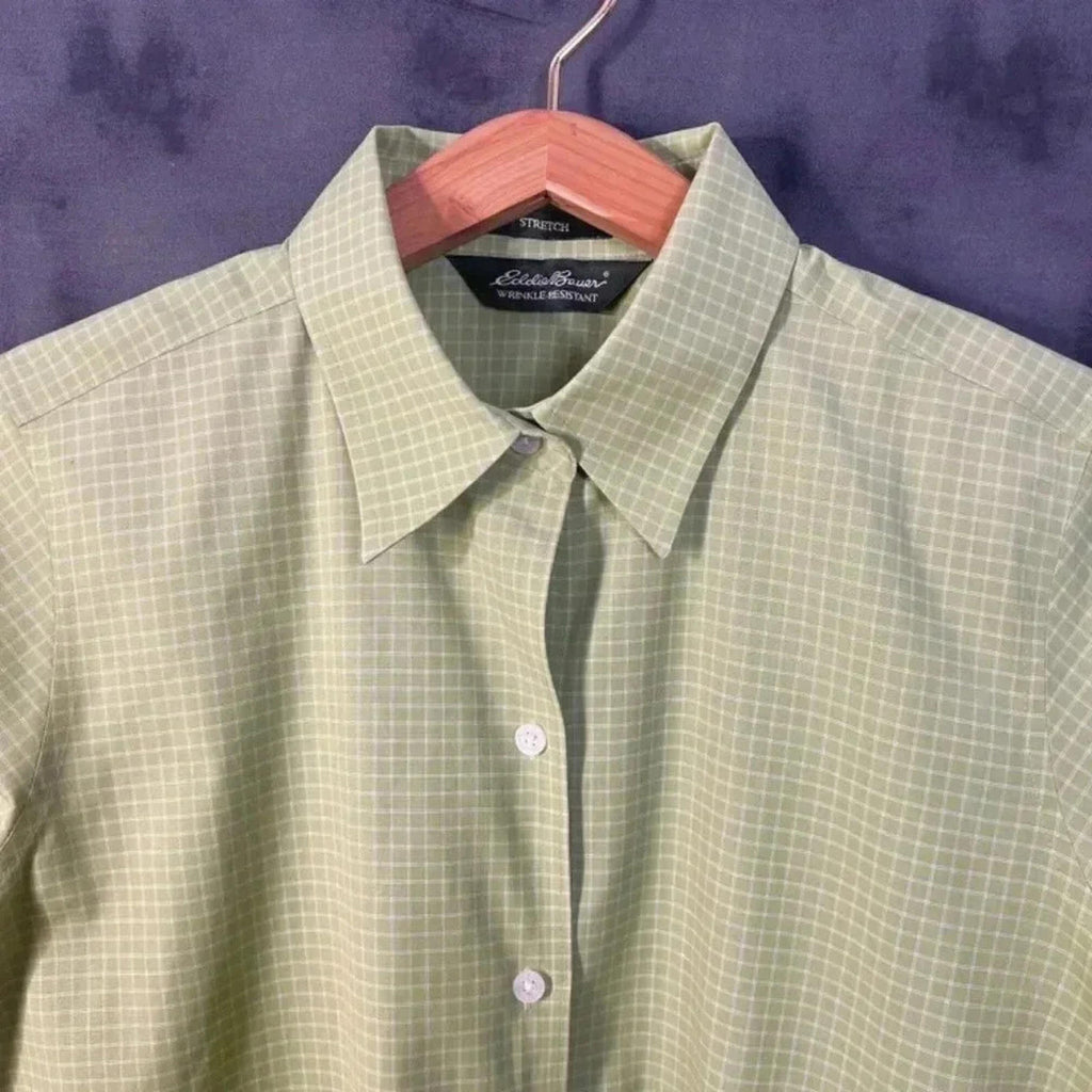 Eddie Bauer Green Grid Print Stretch Wrinkle Resistant Button Up Shirt Size M