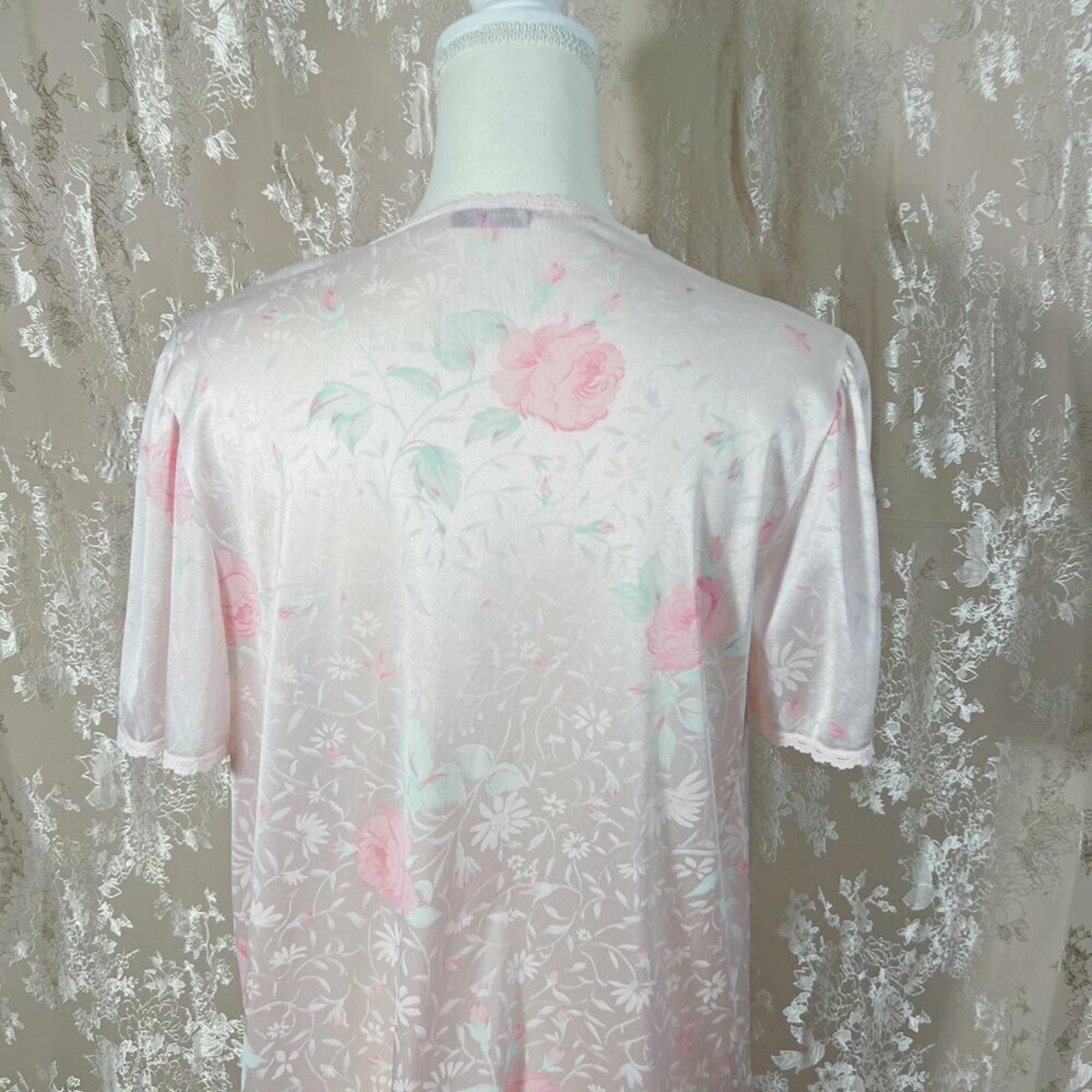 Vintage Vanity Fair Light Pink Floral Button Up Night Dress Coquette Size M
