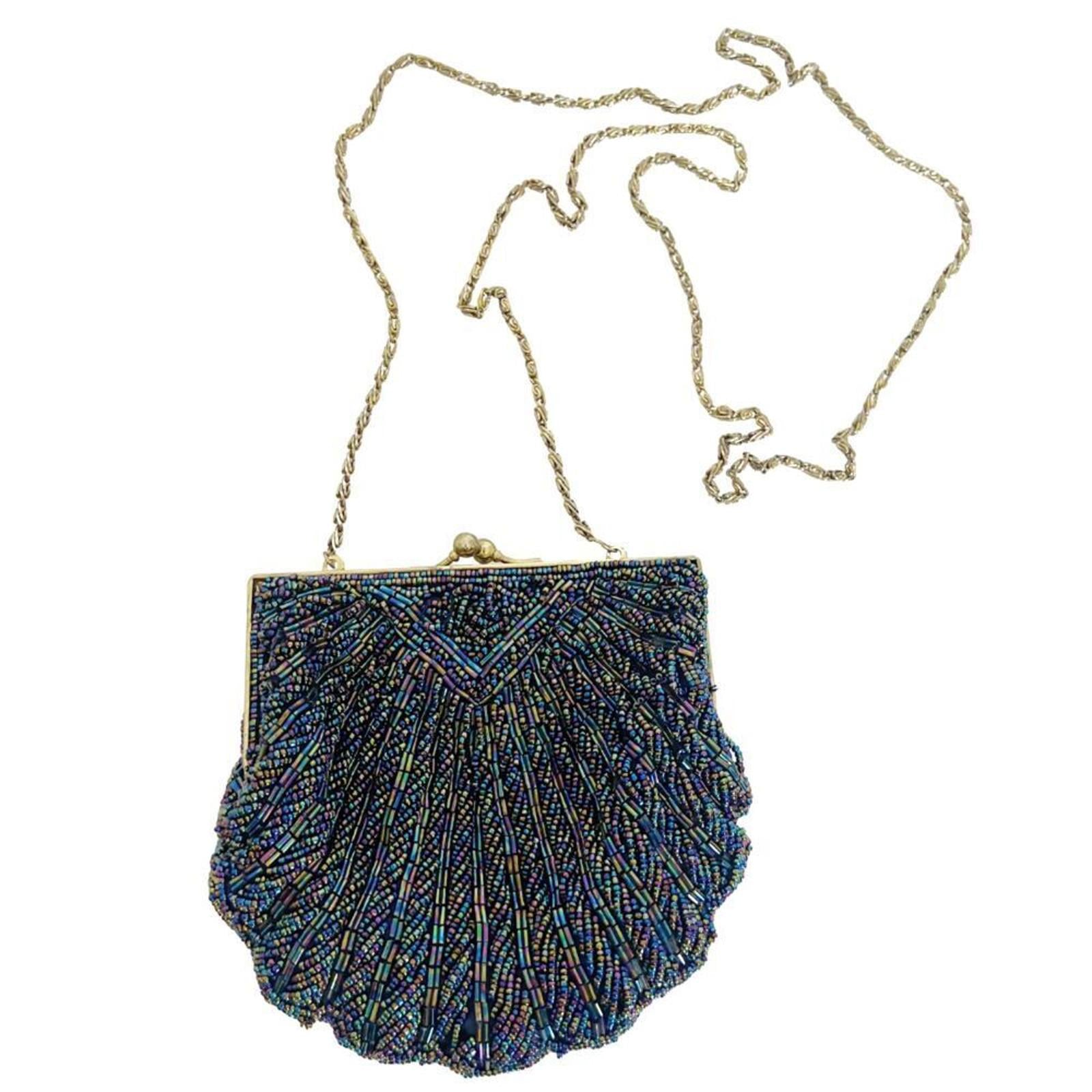Vintage 80s La Regale Iridescent Blue Oil Spill Beaded Evening Bag Scalloped