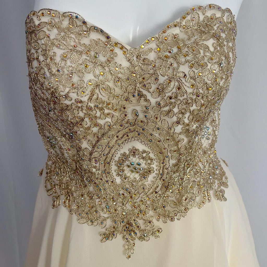 Metallic Gold Corset Cream Chiffon Strapless Formal Dress Prom Homecoming Size 4