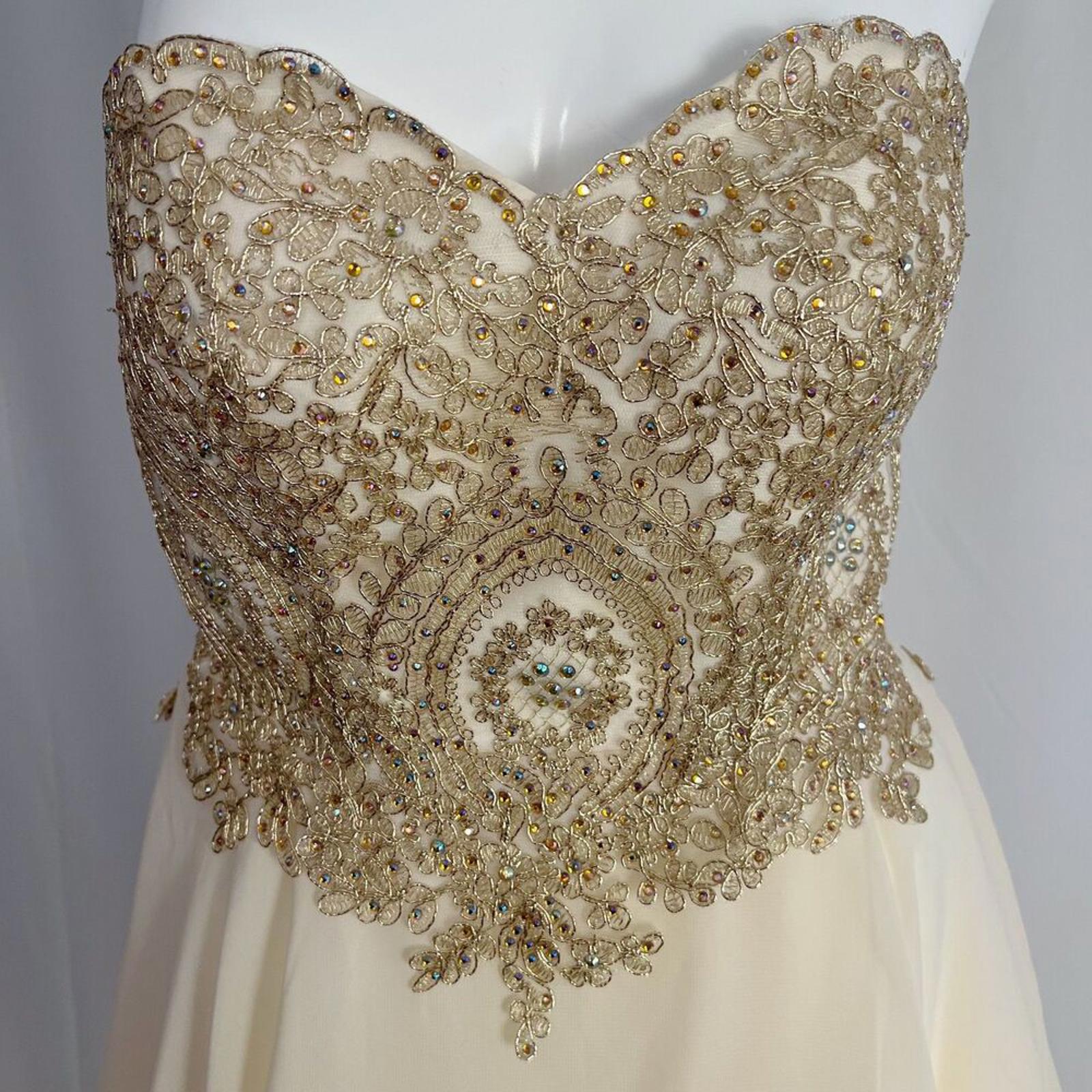 Metallic Gold Corset Cream Chiffon Strapless Formal Dress Prom Homecoming Size 4