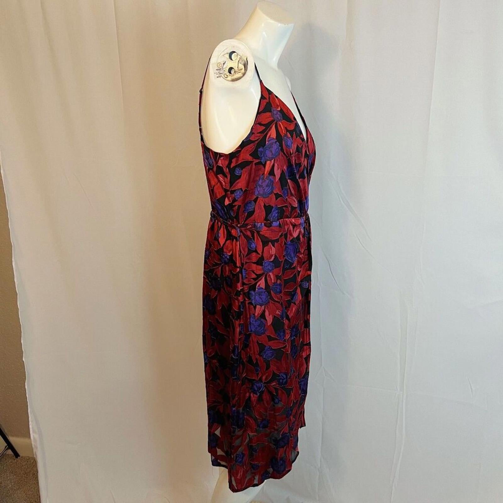 Worthington Red Purple Floral Faux Wrap Midi Dress Women's Size L