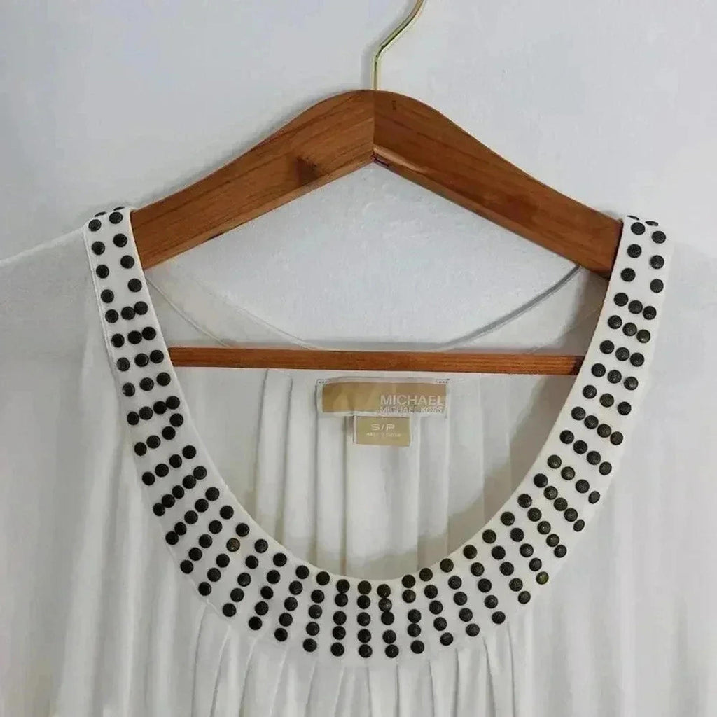 Michael Kors White Studded Blouse Ruffled Short Sleeve Boho Chic Bohemian Size S