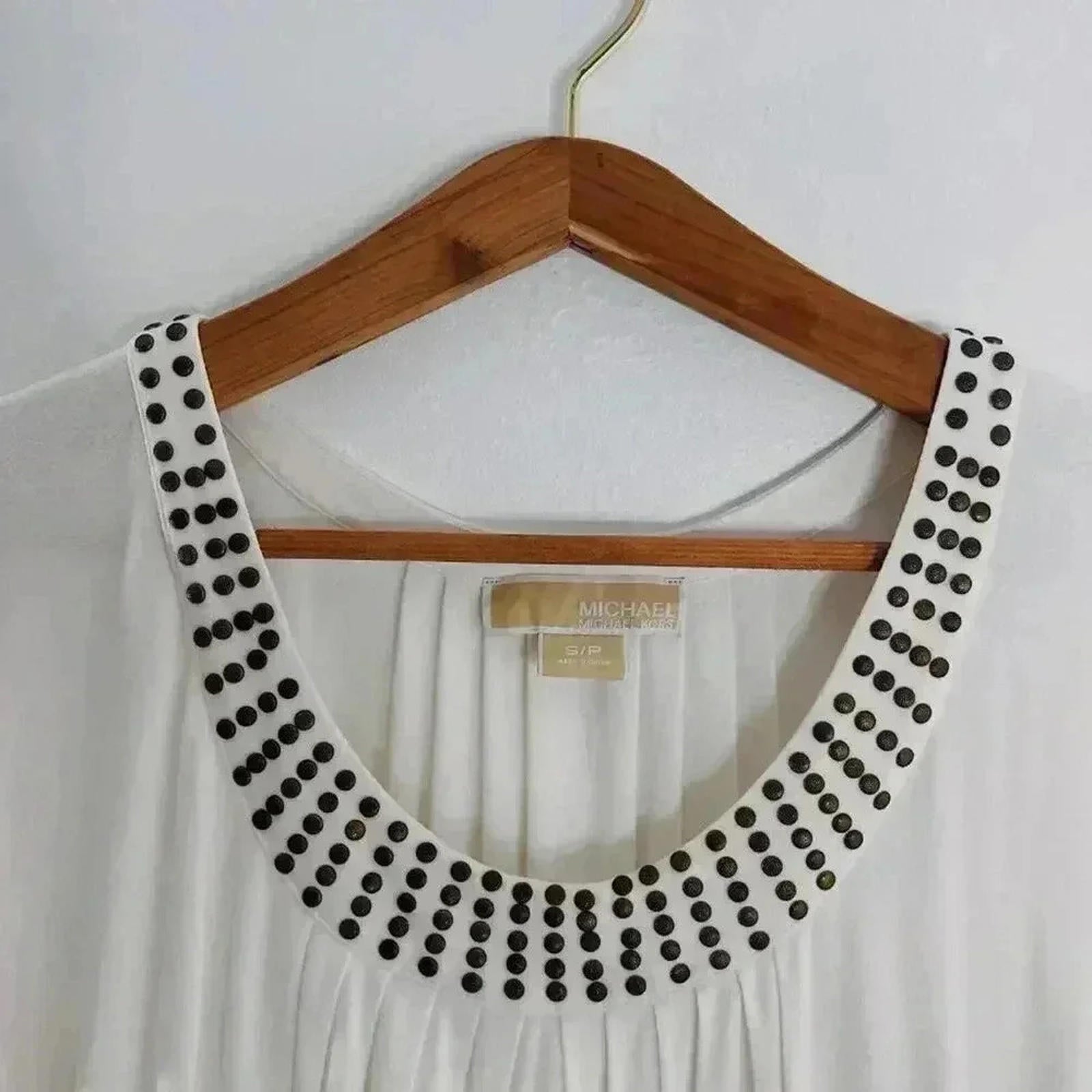 Michael Kors White Studded Blouse Ruffled Short Sleeve Boho Chic Bohemian Size S