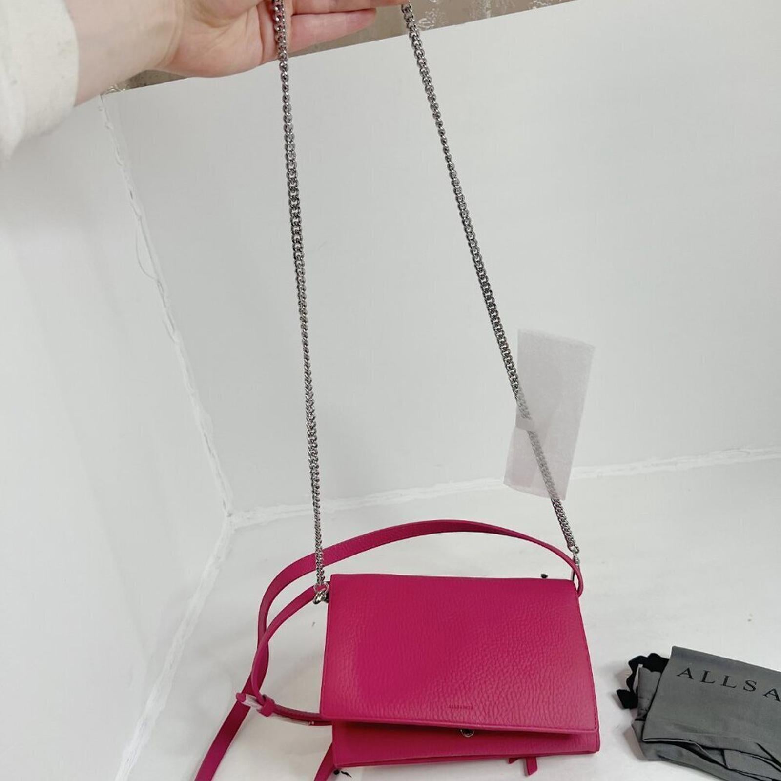 NWT AllSaints Fetch Pink Pebbled Leather Crossbody Wallet Chain Strap Bag