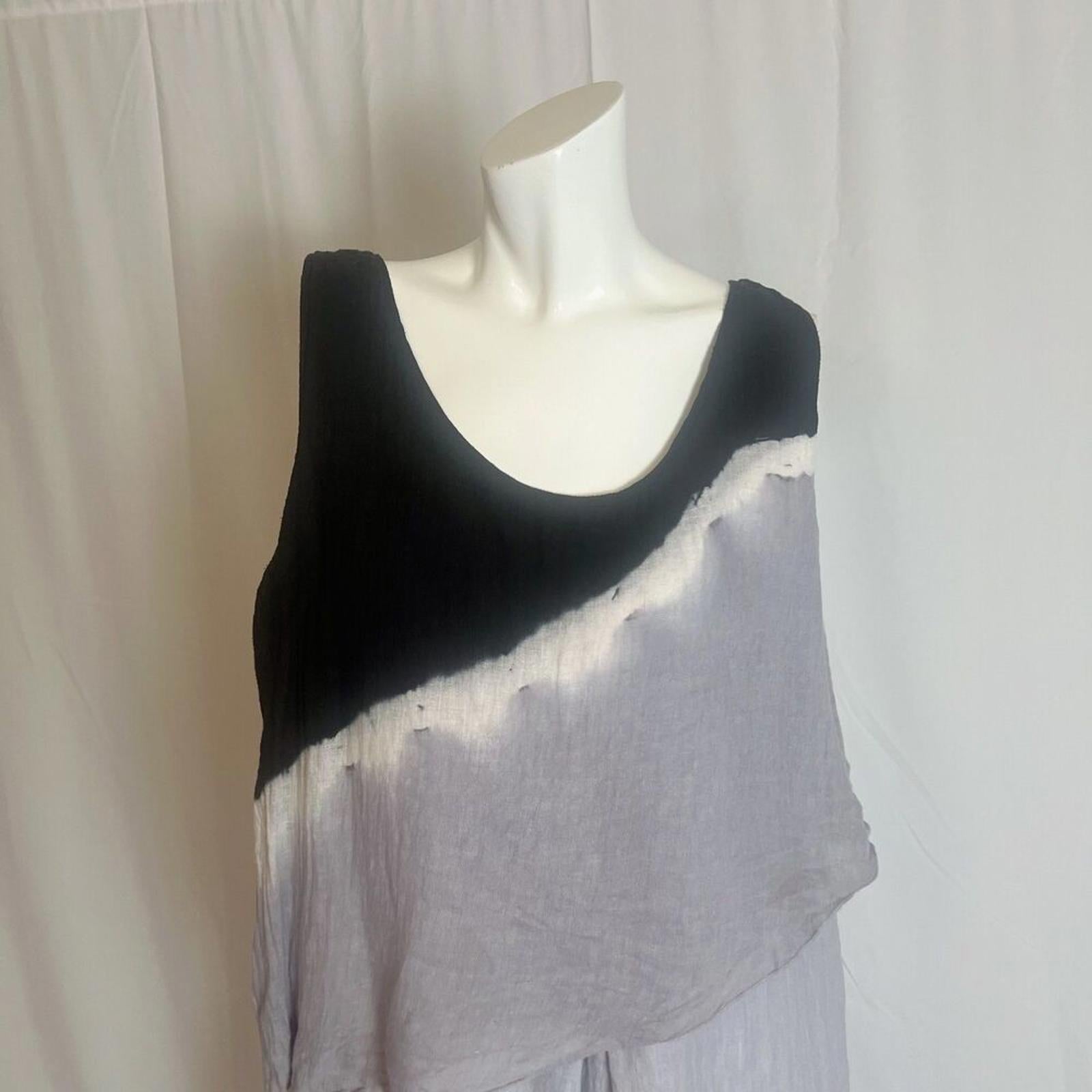 Luna Luz Linen Black Grey Tie Dye Layered Asymmetrical Dress Women's Size L