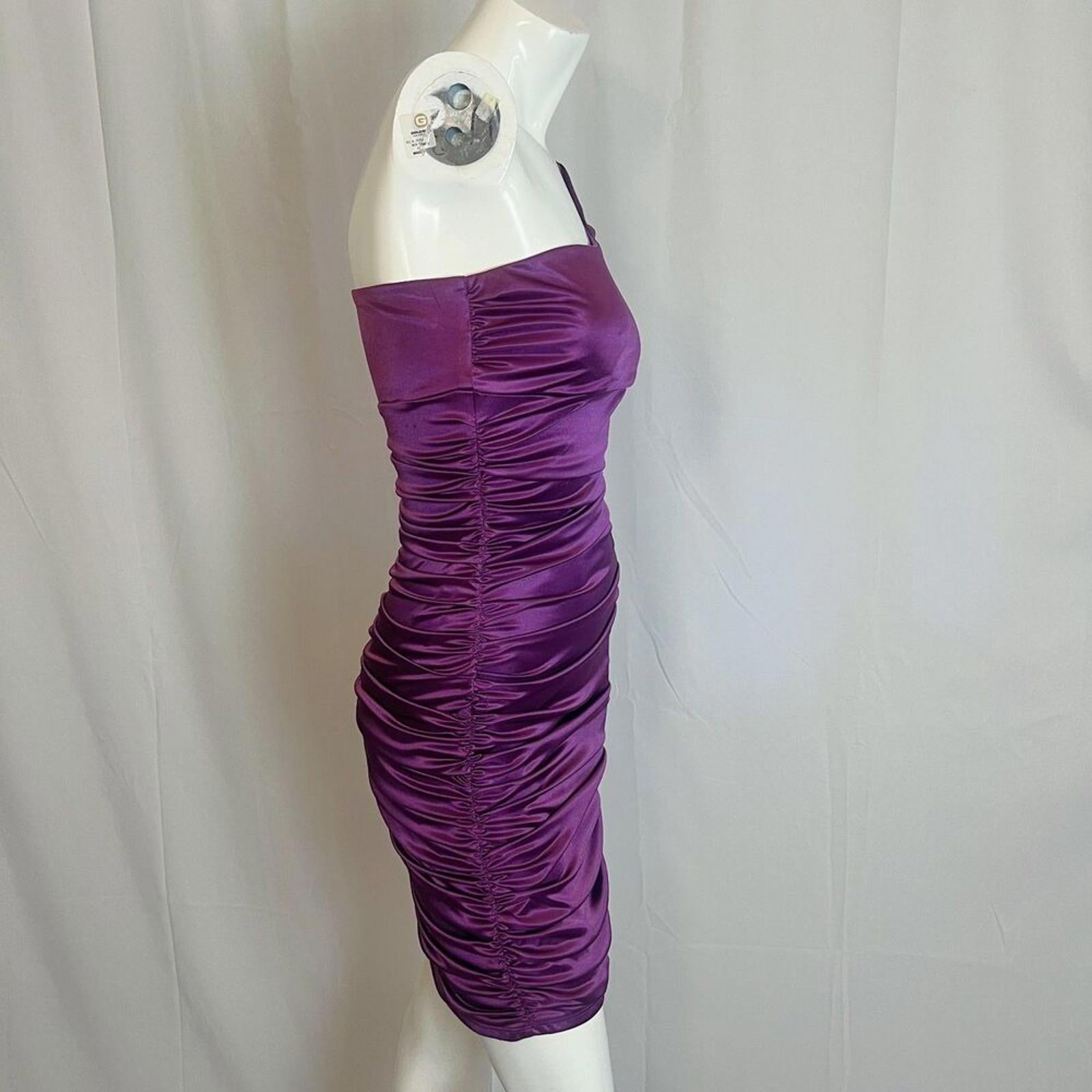 y2k Vintage Poly USA Shiny Purple Ruched Asymmetrical Bodycon Dress Size S