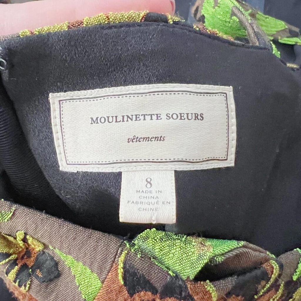 Moulinette Soeurs Anthropologie Green Brown Embroidered Jacquard Dress Size 8