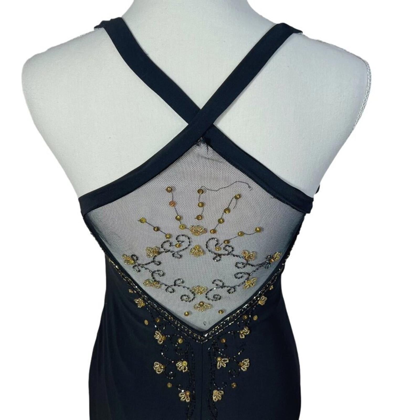 Vintage Dave & Johnny Black Gold Beaded Gown Mesh Detailing Formal Dress Size 8