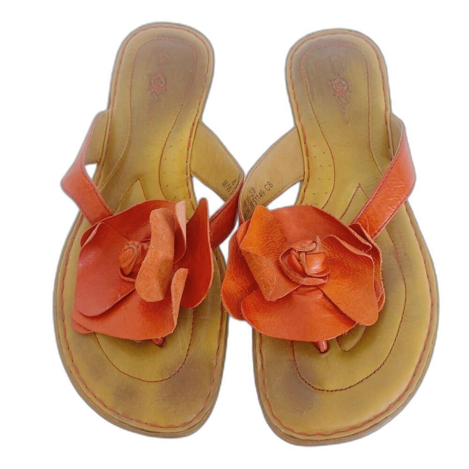 Born Crown Women's Orange Flower Leather Flip Flops Sandals Thongs Size 8