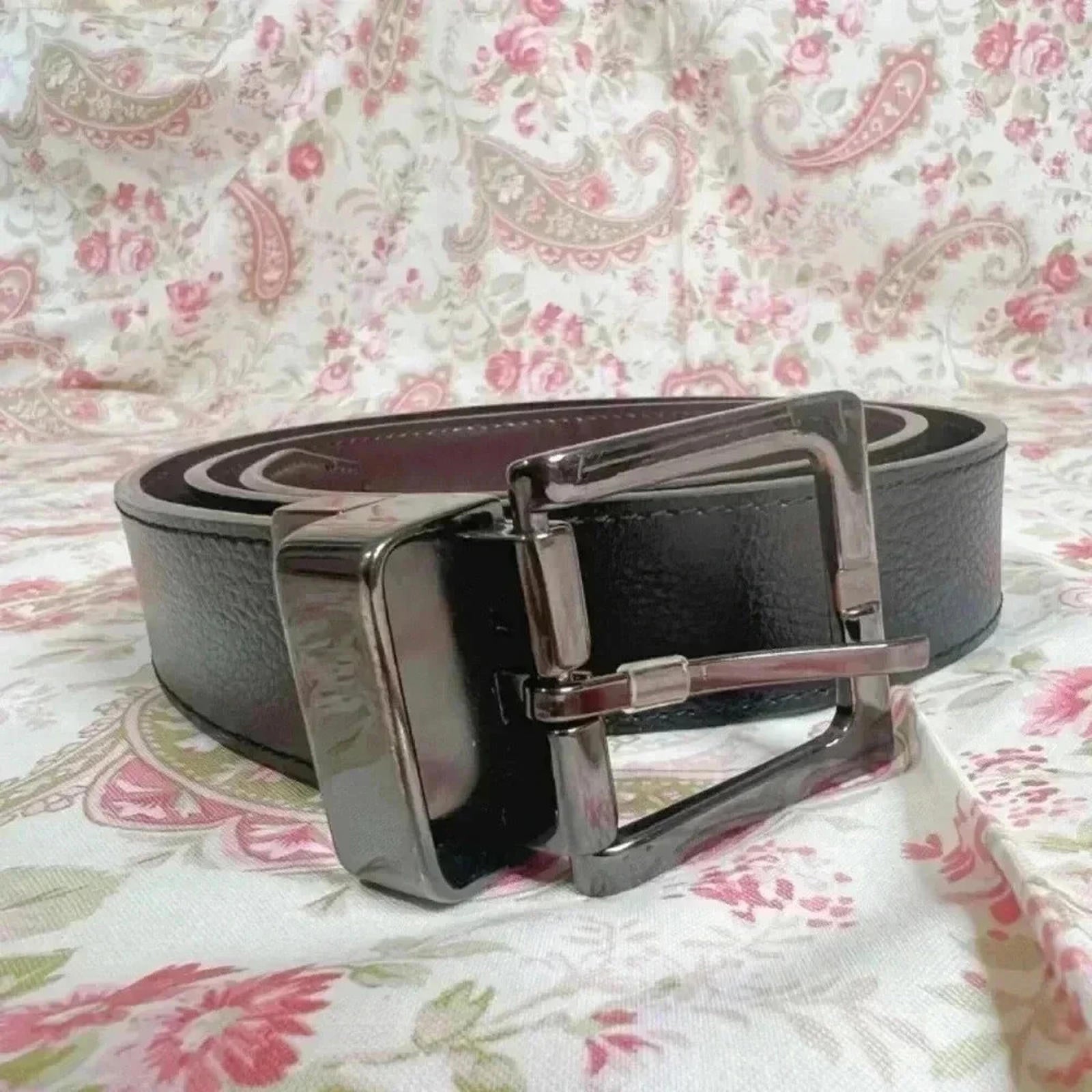 Men's Black Pebbled Leather Belt Gunmetal Buckle Brown Interior Size 36