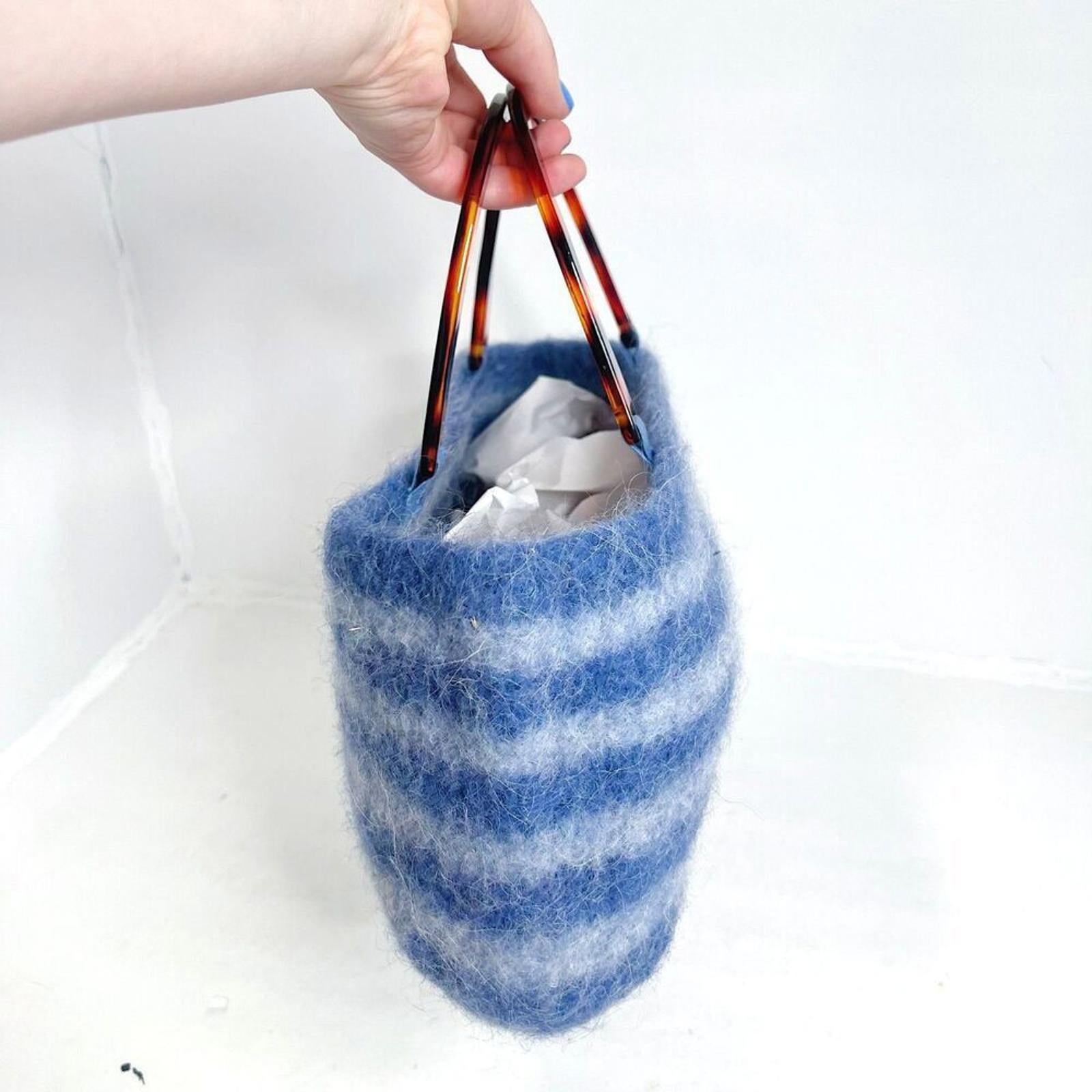 Handmade Lucite Wool Purse Blue Striped Handbag Tortoiseshell Handle y2k Felted