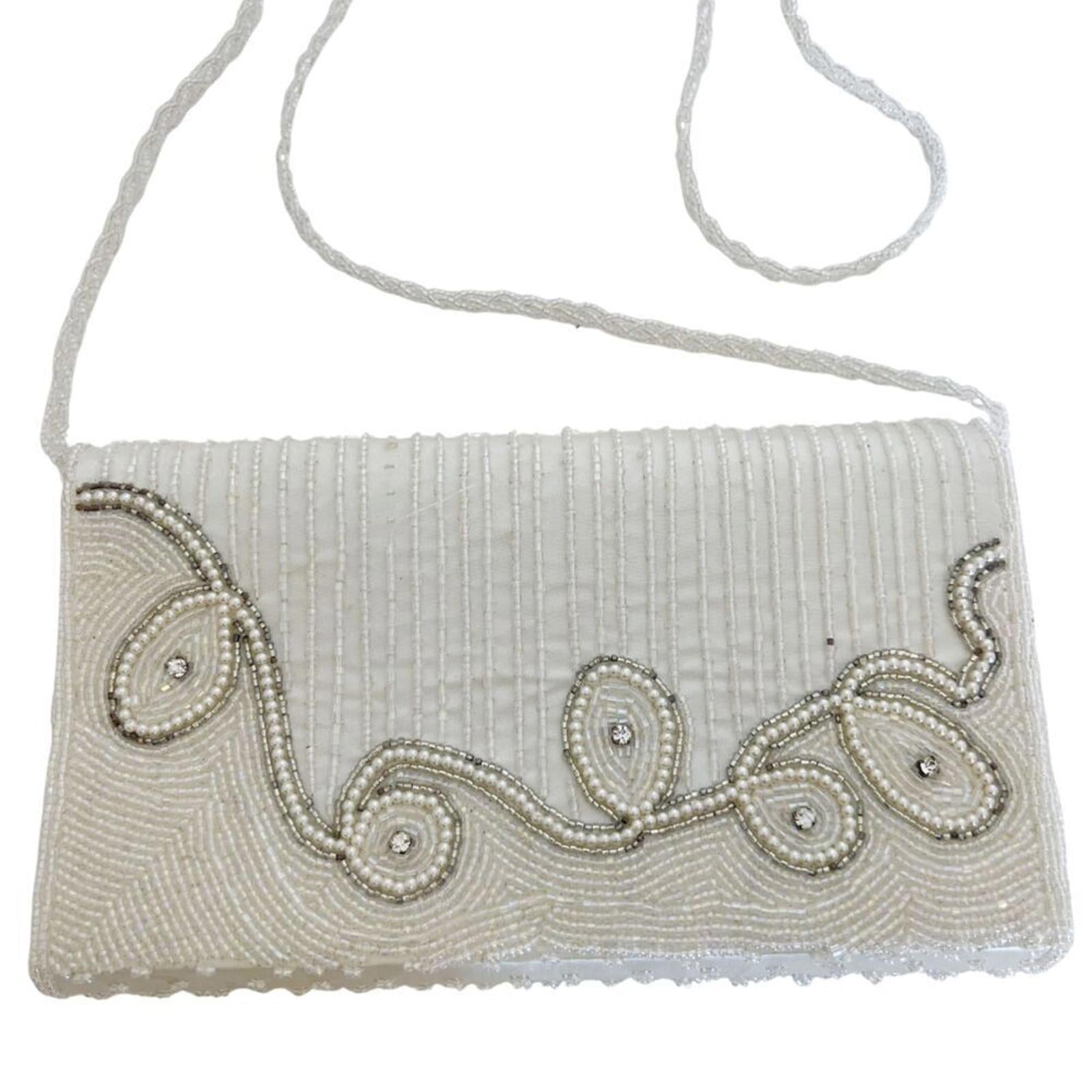 Vintage 80s La Regale White Beaded Evening Bag Clutch Structured