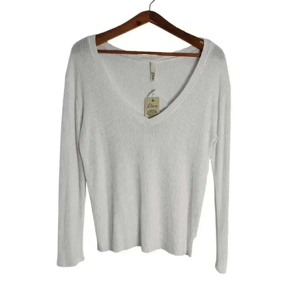 NWT Elan White Ribbed V Neck Long Sleeve Shirt Women's Size M