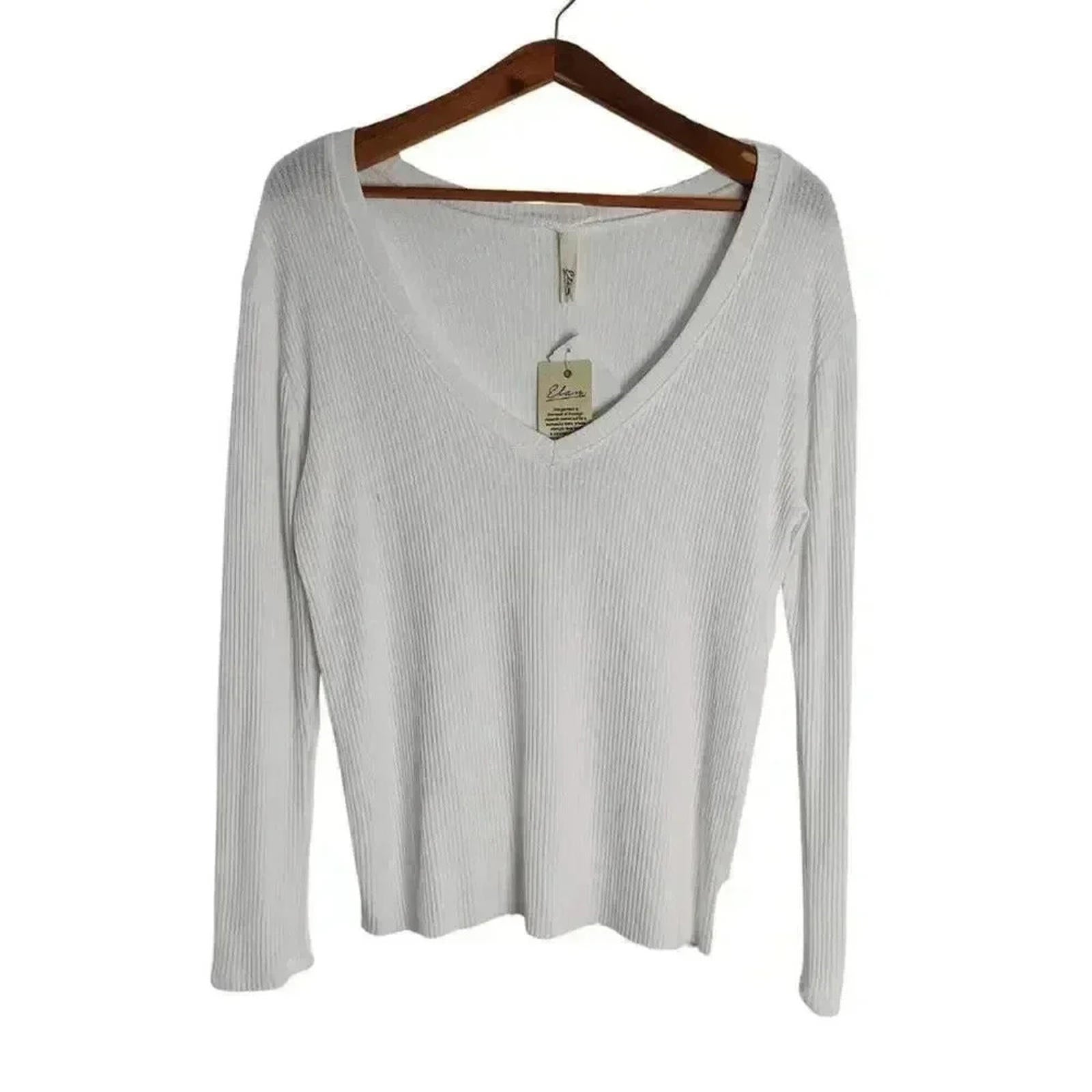 NWT Elan White Ribbed V Neck Long Sleeve Shirt Women's Size M
