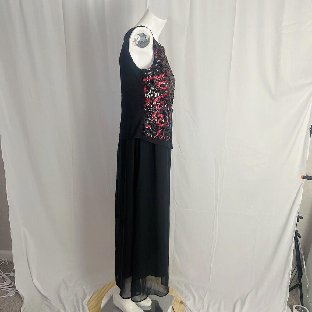 Vintage 80s 90s Blue Day's Black Chiffon Red Sequined Evening Gown Dress Size 10