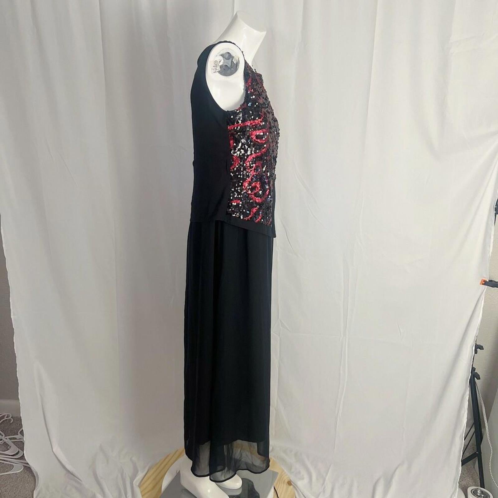 Vintage 80s 90s Blue Day's Black Chiffon Red Sequined Evening Gown Dress Size 10