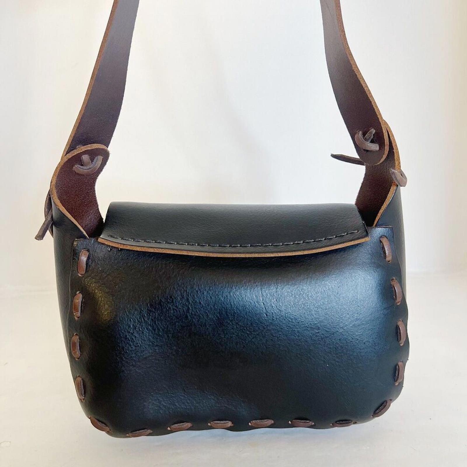 Handmade Vintage Black Leather Western Stitched Shoulder Bag