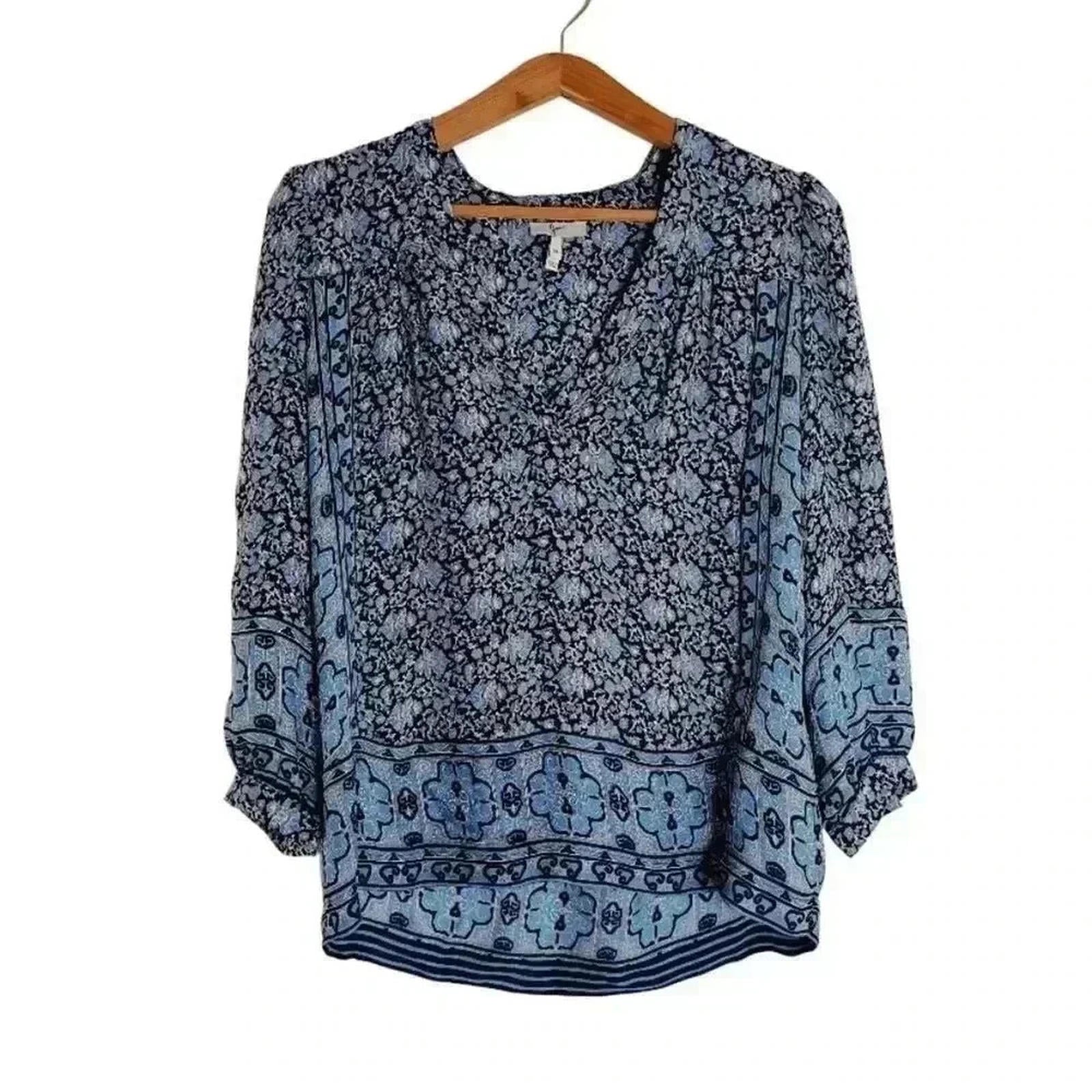 Joie Silk Navy Light Blue Floral Long Sleeve Blouse Summer Office Size XS