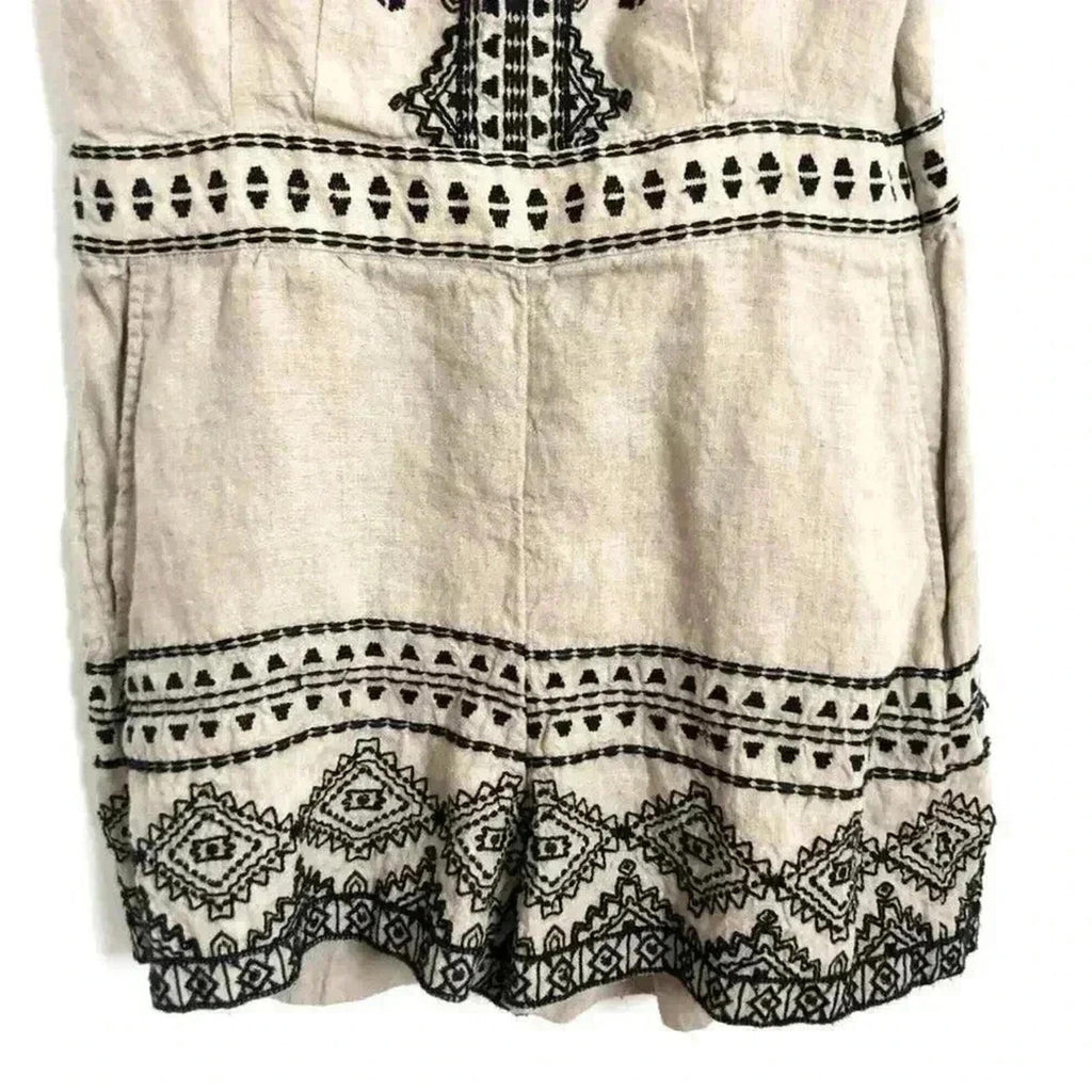 Ann Taylor LOFT Linen Oatmeal Black Embroidered Petite Romper Women's Size 4 P