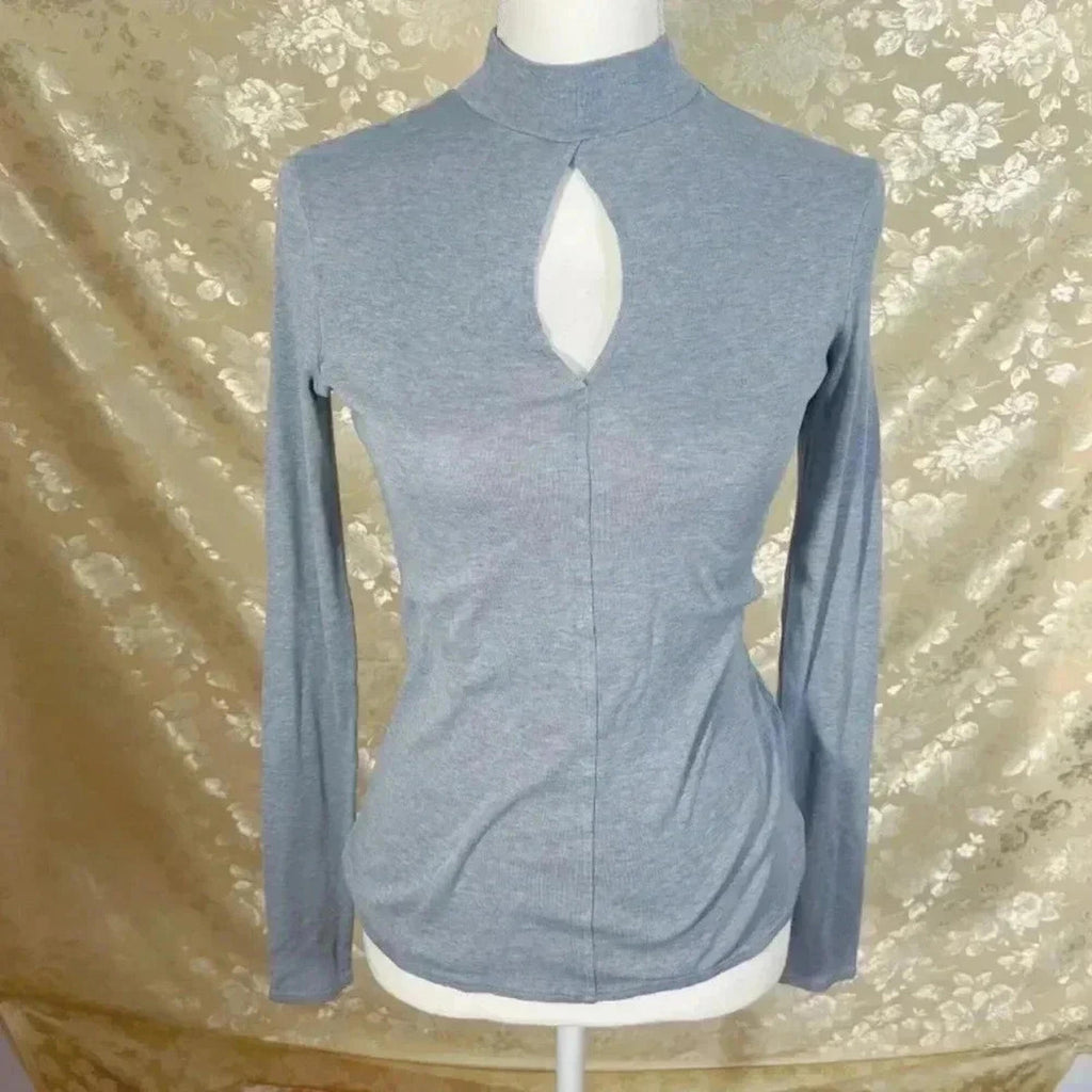 Frame Silk Mock Neck Long Sleeved Grey Shirt Keyhole Women's Size S