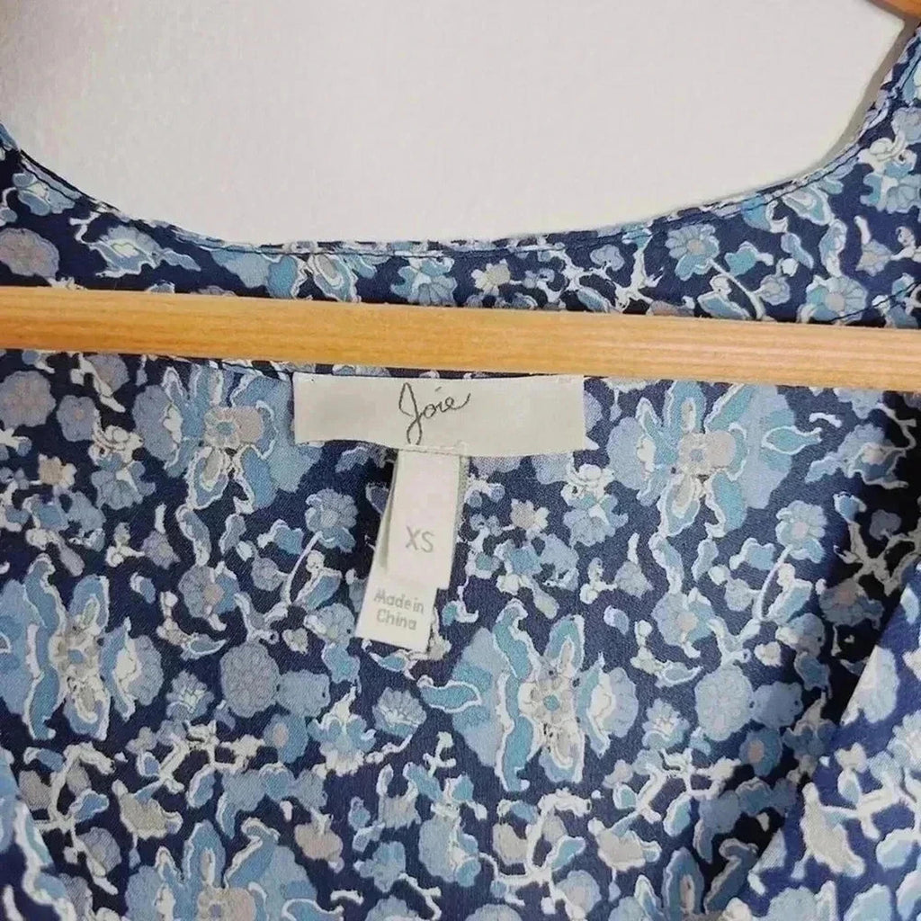 Joie Silk Navy Light Blue Floral Long Sleeve Blouse Summer Office Size XS