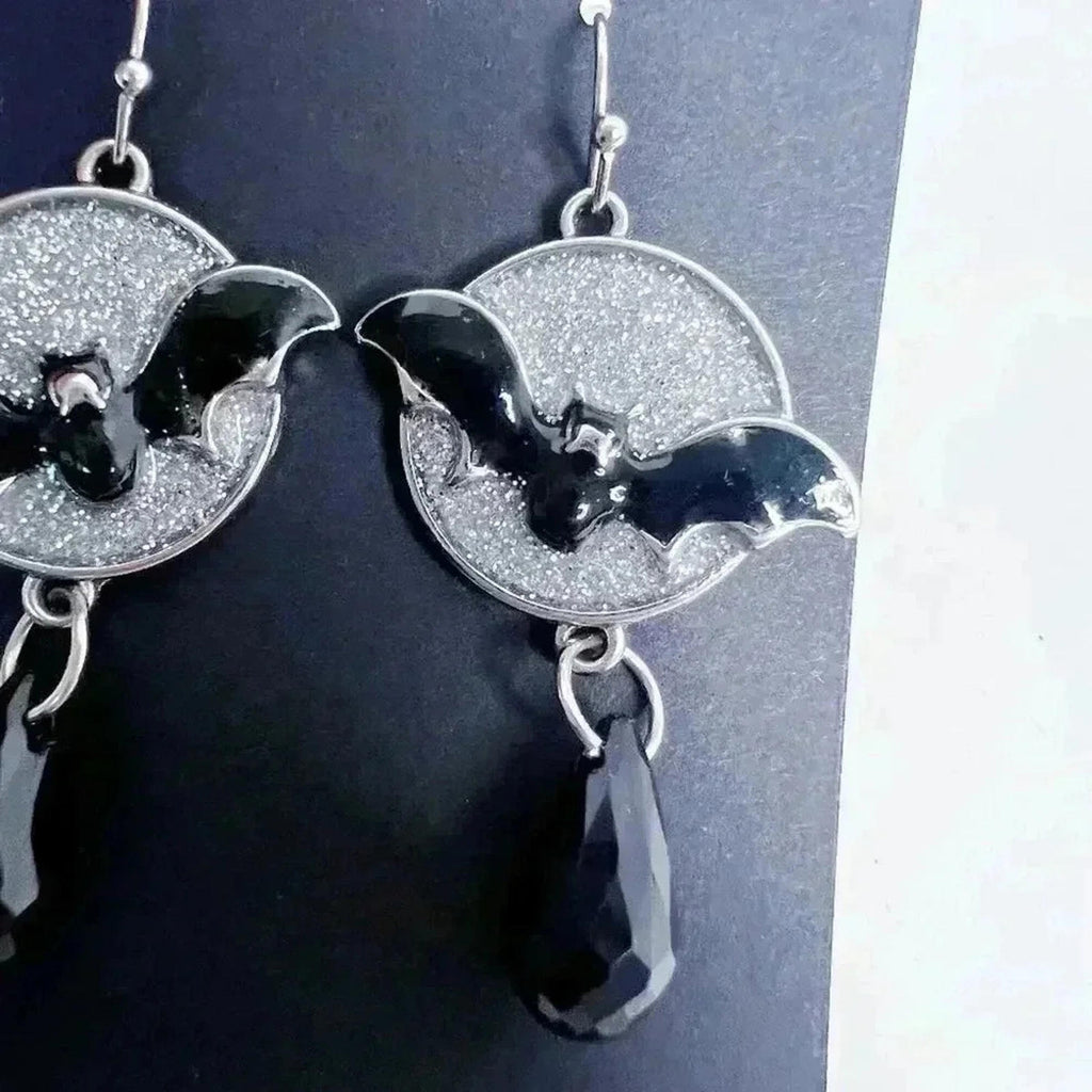 Bat Earrings Silver Sparkly Statement Dangling Earrings Halloween Gothic