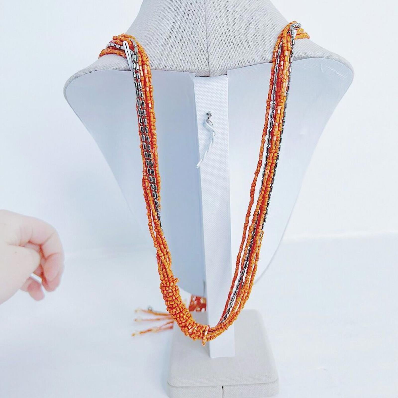 Vintage Orange Beaded Knotted Tassel Necklace Flapper Style Statement