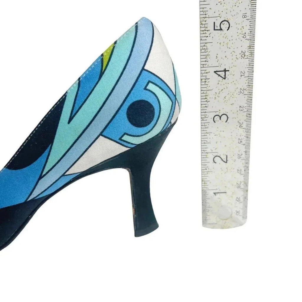 Y2K Vintage Karen Scott Blue and Green Mod Print Pumps Women's Size 6.5