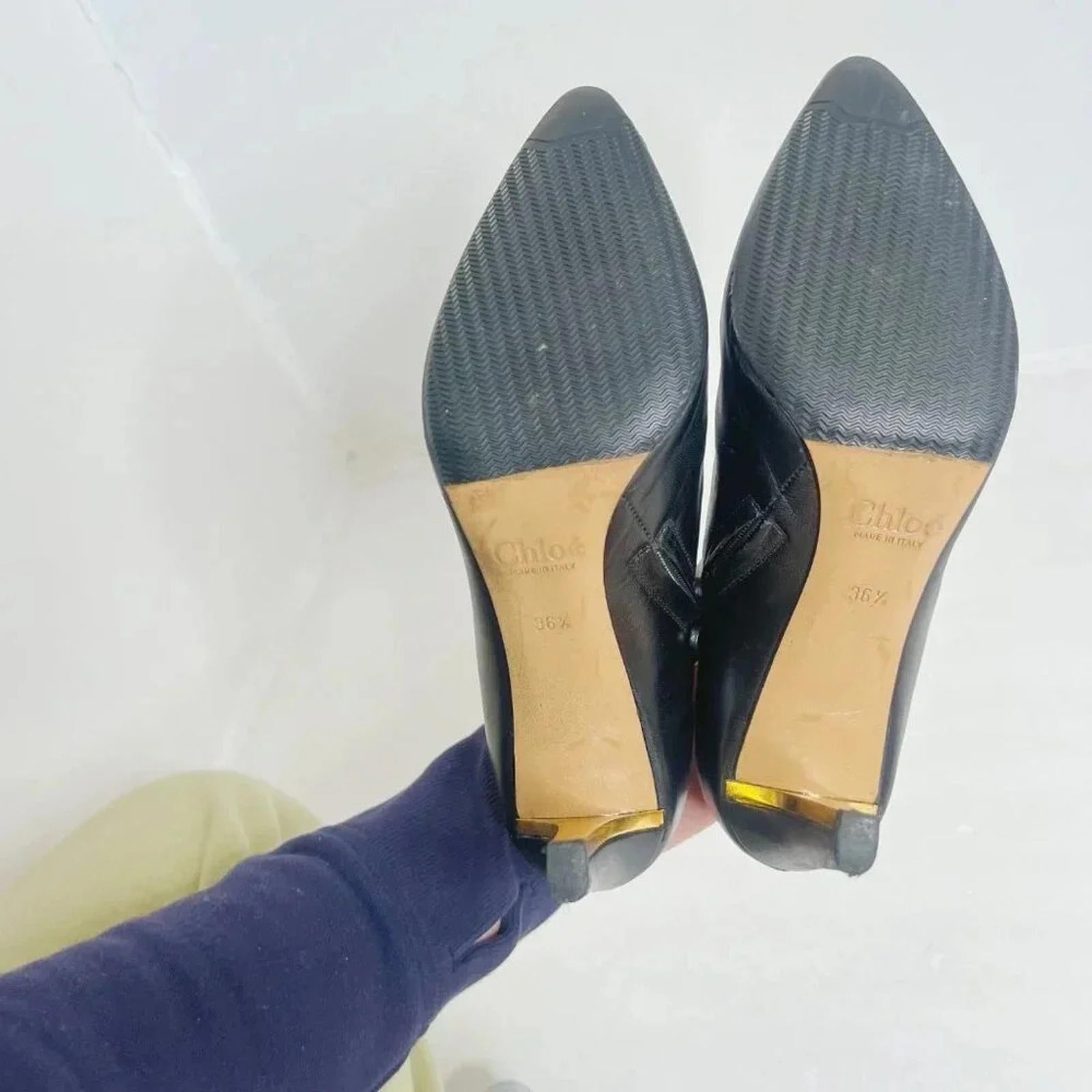 Chloe RARE Black Leather Heeled Booties Gold Detailing Women's Size 36.5 EU 6.5