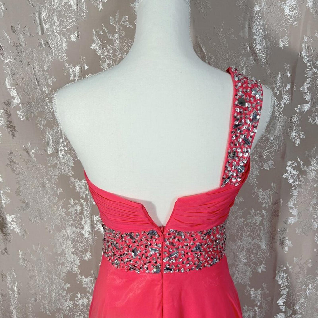 Coral Chiffon Asymmetrical One Shoulder Rhinestone Gown Prom Dress Size 6