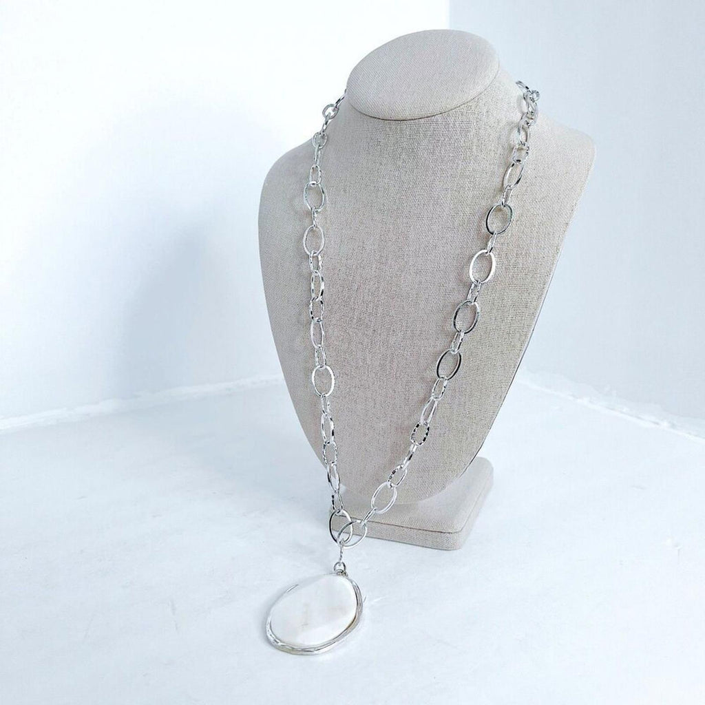 Vintage White Stone Pendant Mother of Pearl Teardrop Silver Chain Necklace