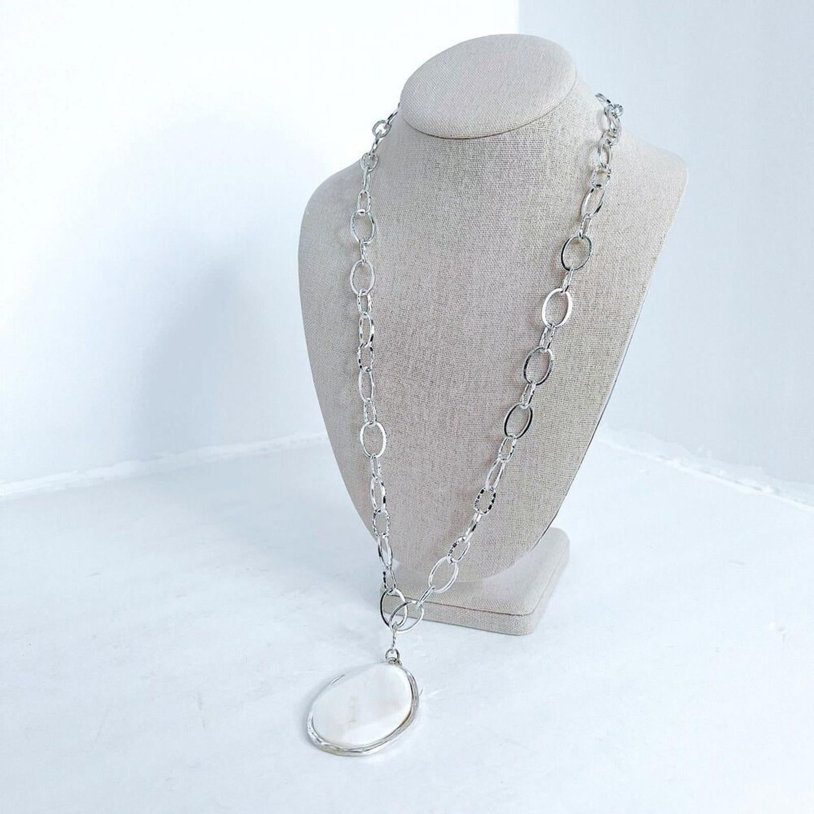 Vintage White Stone Pendant Mother of Pearl Teardrop Silver Chain Necklace