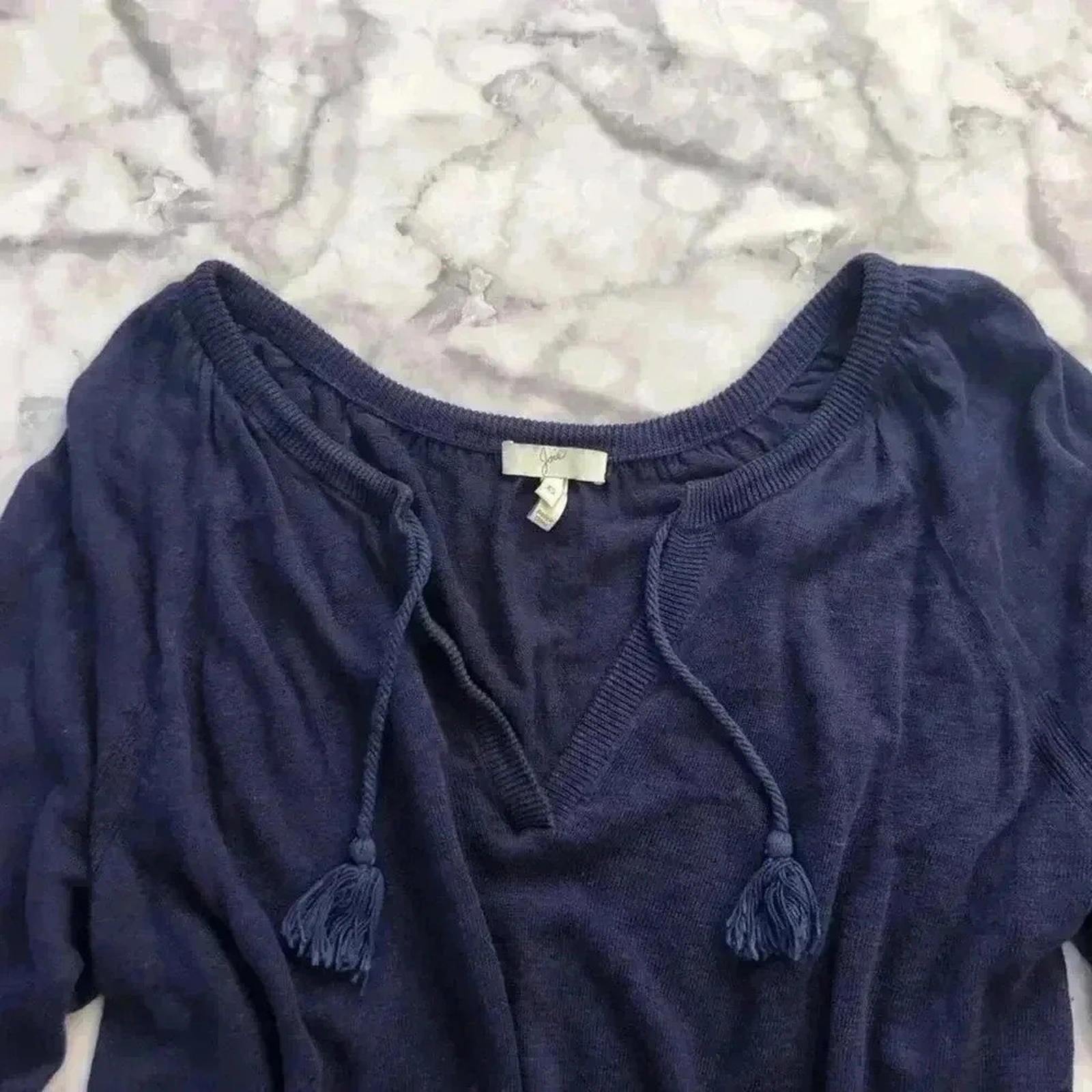 Joie Navy Blue Linen 3/4 Sleeve Blouse Summer Quiet Luxury Tassel Size XS