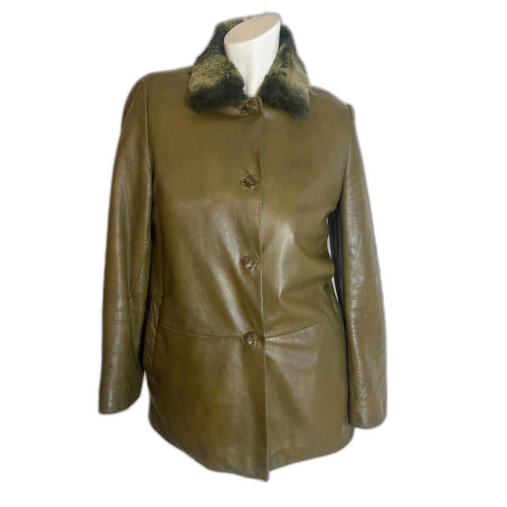 She's Miss Korean Green Leather Button Up Jacket Fur Collar Size S